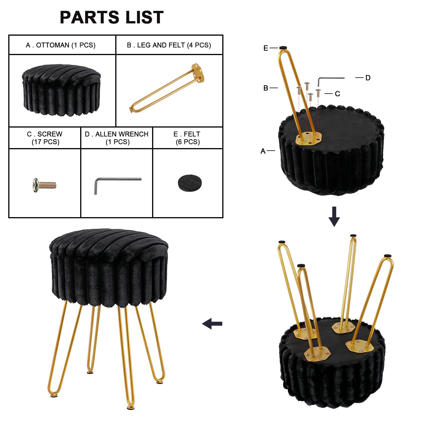 TOUCH-RICH Footstool Ottoman Round Velvet Soft Footrest with Storage Space Foot Rest Vanity Stool 4 Gold Metal Legs, Tray Top Coffee Table, Makeup Footstool, Suitable for Living Room and Bedroom