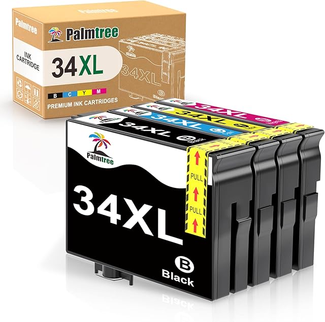 Palmtree Compatible ink cartridges as replacement for Epson 34 34XL, for Workforce Pro WF-3720DWF WF-3725DWF (pack of 4/1 black 1 cyan 1 magenta 1 yellow)