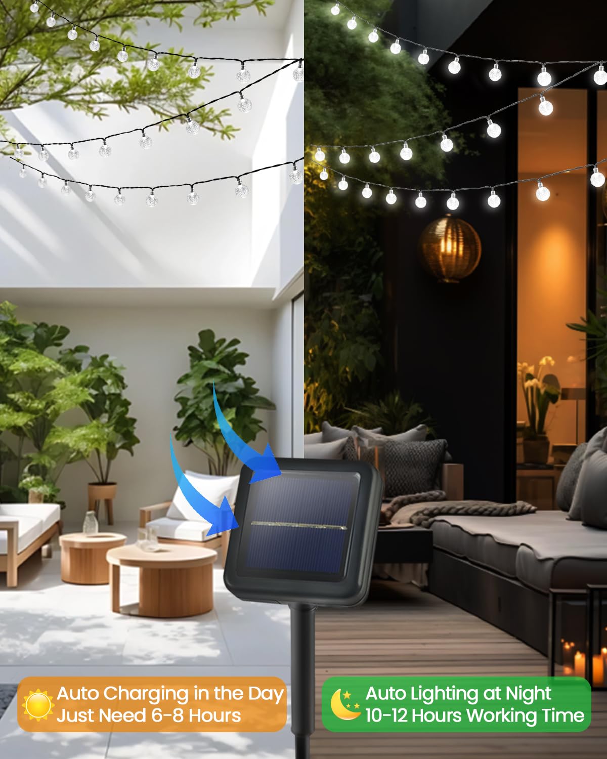 Weiße 2er-Packung 100 LED 1,8 m Kristallkugel Solar-Weihnachtslichter für den Außenbereich, wasserdichte Solar-Lichterkette für den Außenbereich, dekorativ, 8 Beleuchtungsmodi, Solar-Terrassenlichter