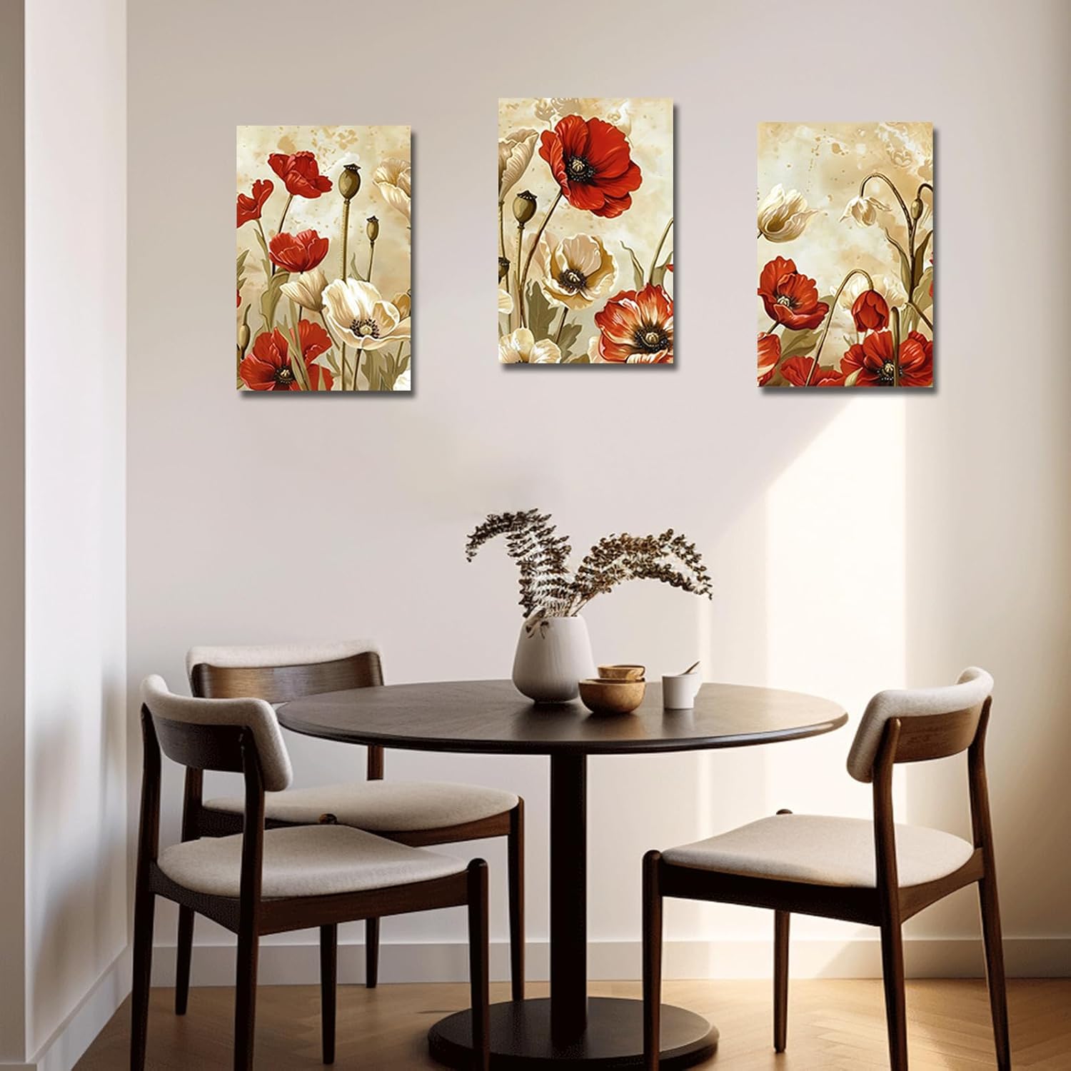 PBXBJY Red Poppy Canvas Wall Art Poppies Flower Painting Prints 3 Piece Brown Rustic Floral Picture Vintage Wall Decor for Bathroom Kitchen (Floral-1, (12.00" x 16.00" x 3PCS))