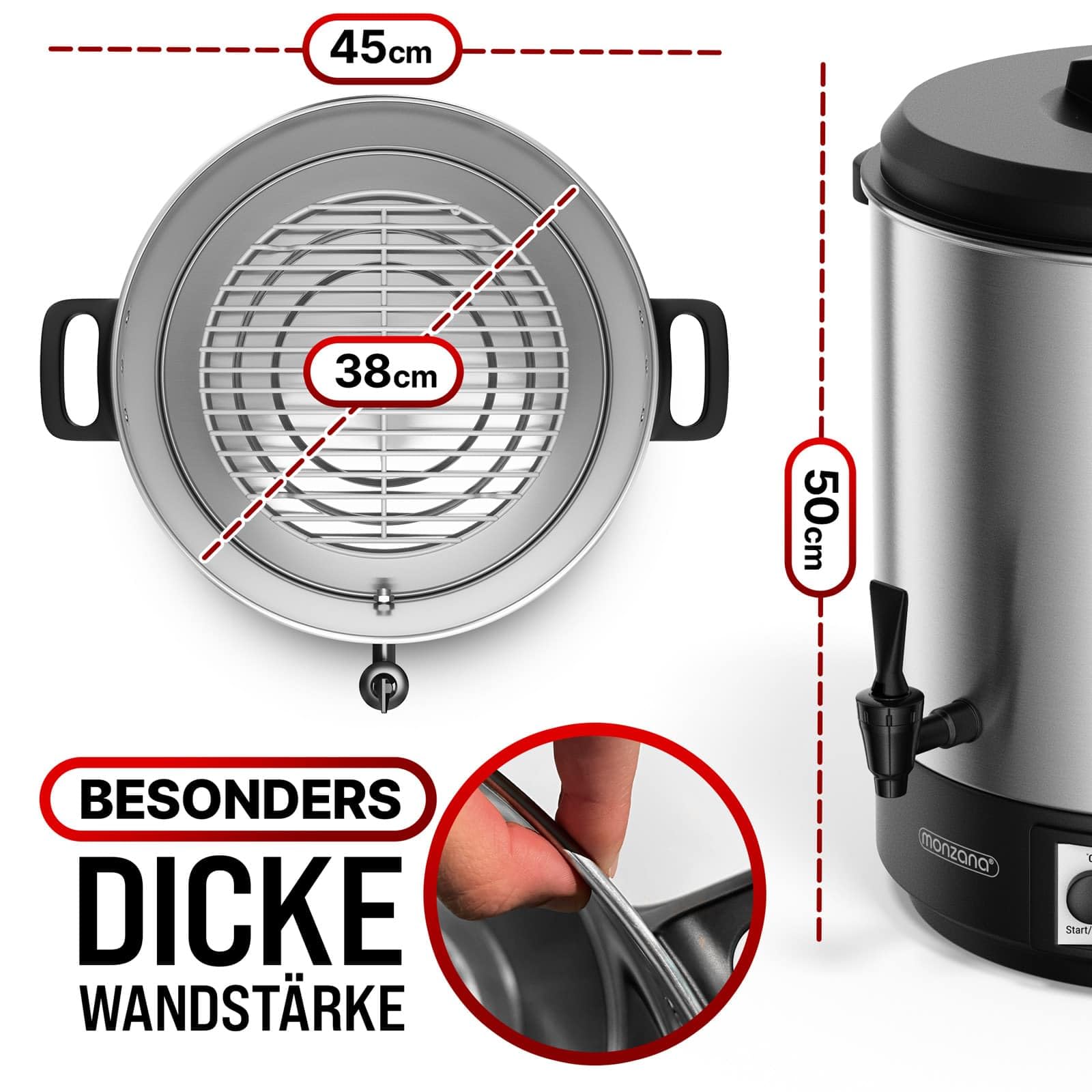 MONZANA® Einkochautomat 28L Digital mit Zapfhahn Thermometer 30-110°C Timer BPA-frei Edelstahl 2000W Glühweinkocher Einkochtopf Heißgetränkeautomat