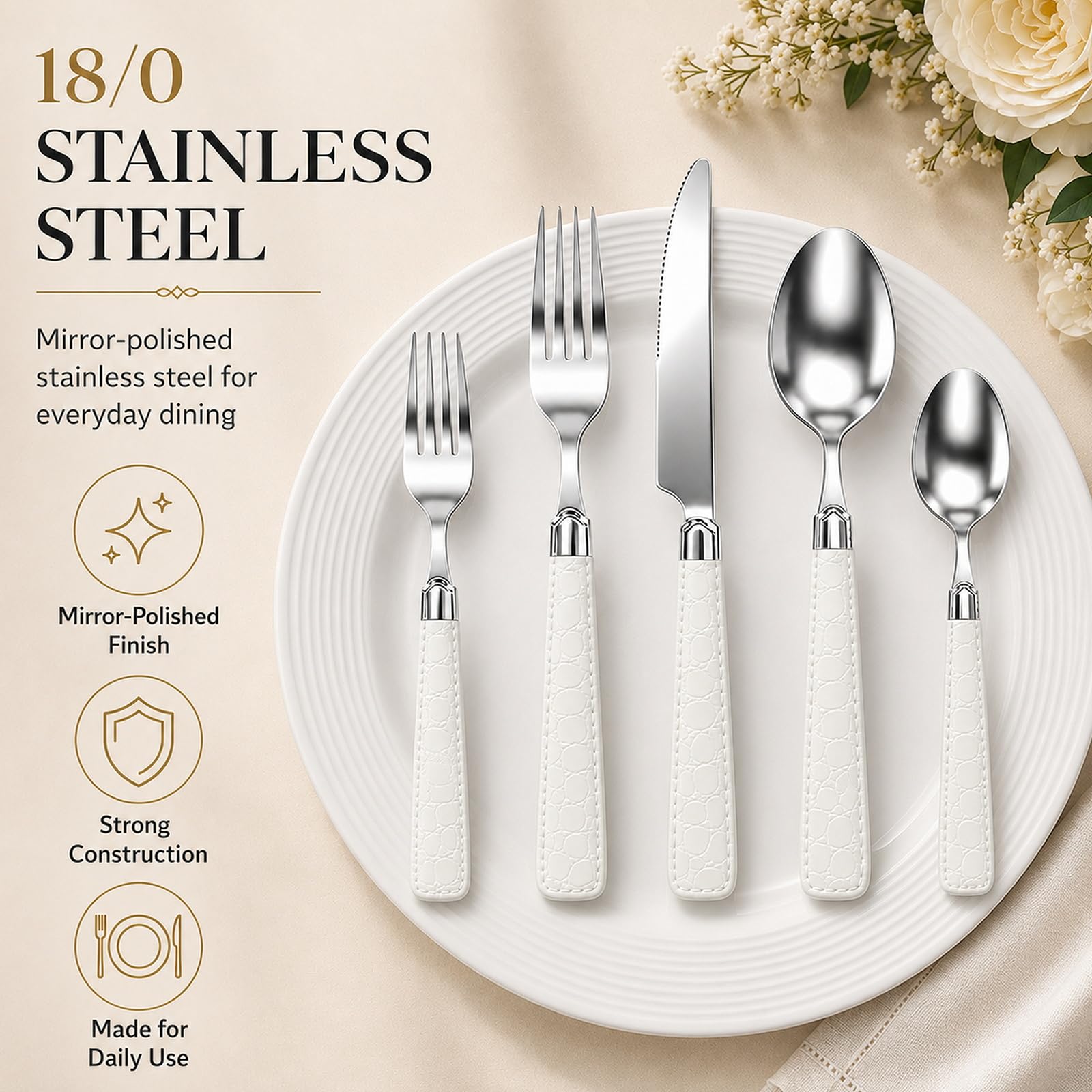 Besteckset Besteck Set, 18/0 Edelstahl, Inklusive Messer, Gabel, Löffel (Weiß,30pcs)