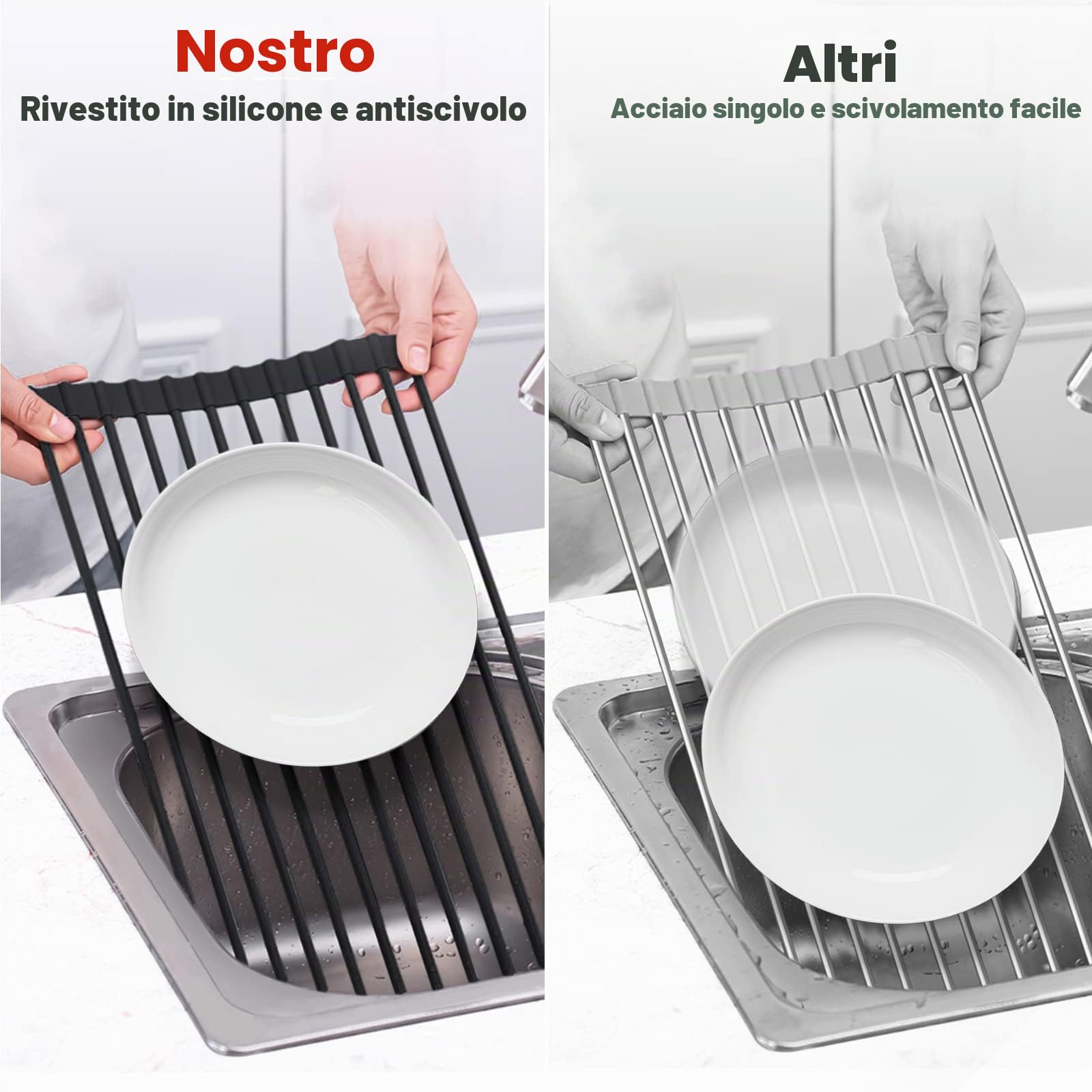 MERRYBOX Scolapiatti arrotolabile in silicone, 52 x 33 cm, multiuso, pieghevole, resistente al calore e antiruggine, per lavello da cucina, grande, nero