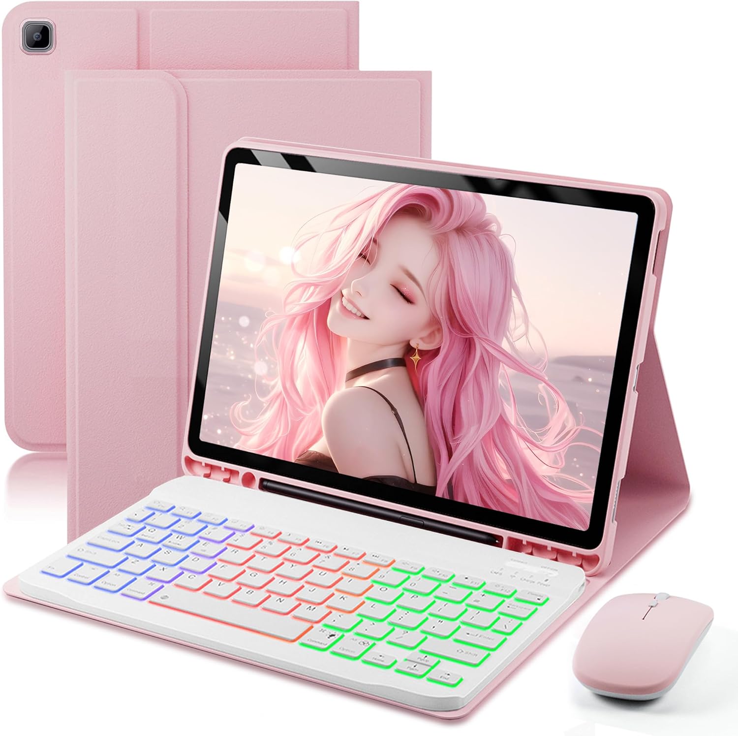 Keyboard Case for Samsung Galaxy Tab A7 10.4 inch 2020 Cover - 7 Color Rainbow Change Backlit Detachable Magnetic Keyboard with S Pen Holder with Mouse - Pink