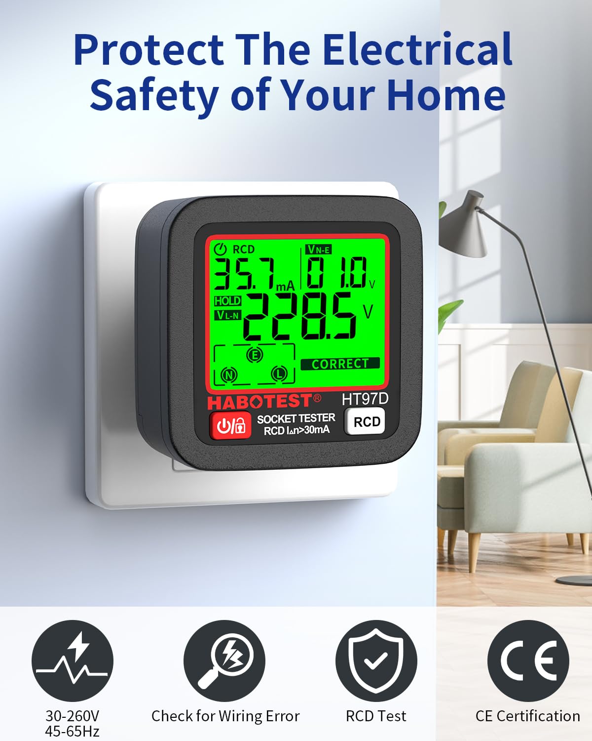 YOJOCK Tester de Prese, Tester per Circuiti Elettrici con Test RCD e Display LCD, 6 Tipi di Diagnosi di Errore, Indicatore di Tensione e Frequenza,30-260V/45-65Hz (EU Plug)