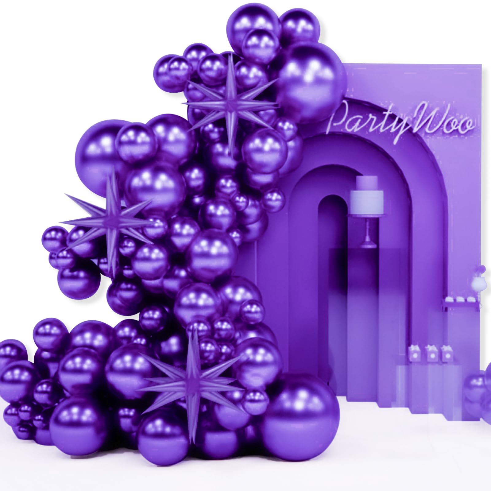 PartyWoo Dark Purple Star Balloons 110pcs Different Sizes 18 12 10 5 Inch Pack 22 Inch Purple Spike Star Explosion Foil Mylar Balloon Arch Kit for