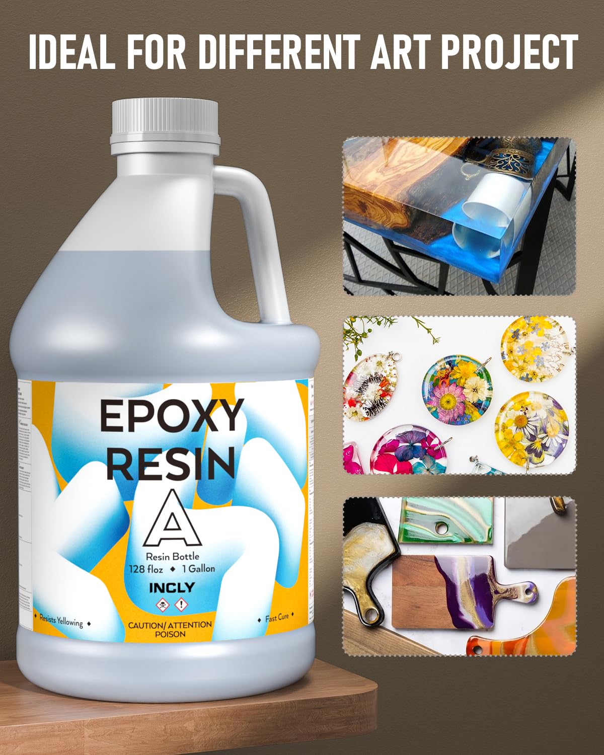 INCLY 4 Gallon Crystal Clear Epoxy Resin Kit, High Gloss & Bubbles Free Resin Supplies Coating & Casting Resin for Table Top, Countertop, River Table,Wood, Jewelry Making, Art Craft, Self Leveling 1:1