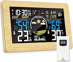 VIFLYKOO Station Météo Sans Fil, Thermomètre et Hygromètre Intérieur Extérieur avec Capteur Externe, Prévisions Météo, Écran VA 7,5", Baromètre, Alarme, 4 Rétroéclairage Réglable, Couleur du Bois