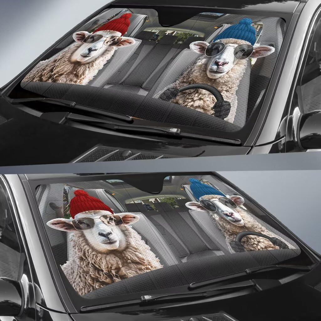 Personalized Sheep Driving Windshield Sun Shade for SUVs,Trucks Front Windshield Sunshade.Anti-UV Fabric Blocks.Foldable Sun Shield Keeps Your Vehicle Cool(57x27.5 inchs)