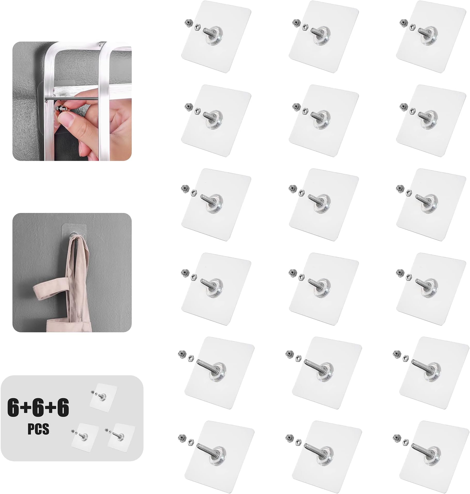 Self Adhesive Screw Set,No Drilling Wall Hanging Tool,Traceless Sticker Hook,Easy Mounted Back Glue Hanger,Strong Bearing/Nail Free/Stainless Steel/Heavy Duty/Waterproof/Seamless/Reusable(18pcs)