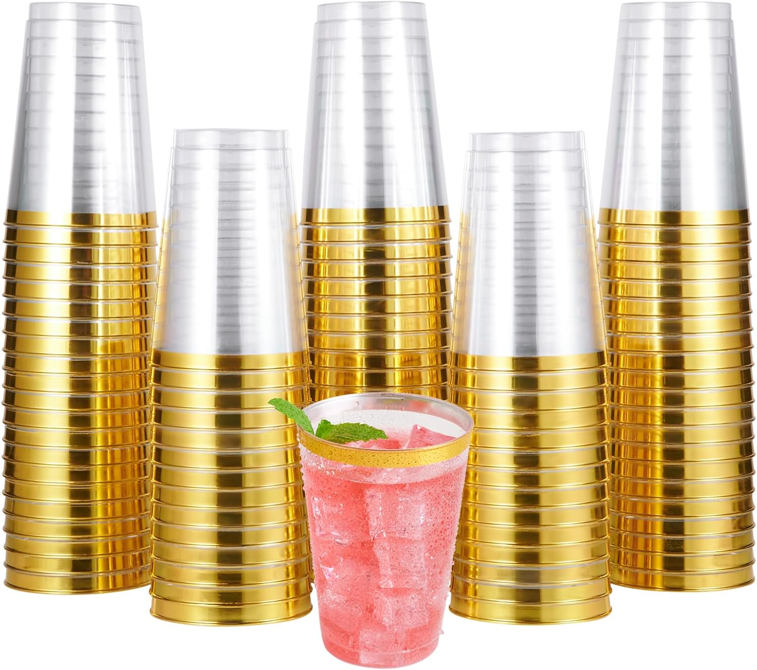 JOLLY CHEF 100 Pack Gold Plastic Disposable Cups, 12 oz Clear Plastic Cups Tumblers, Elegant Gold Rimmed Disposable Glasses Perfect for Wedding, Thanksgiving Day, Christmas