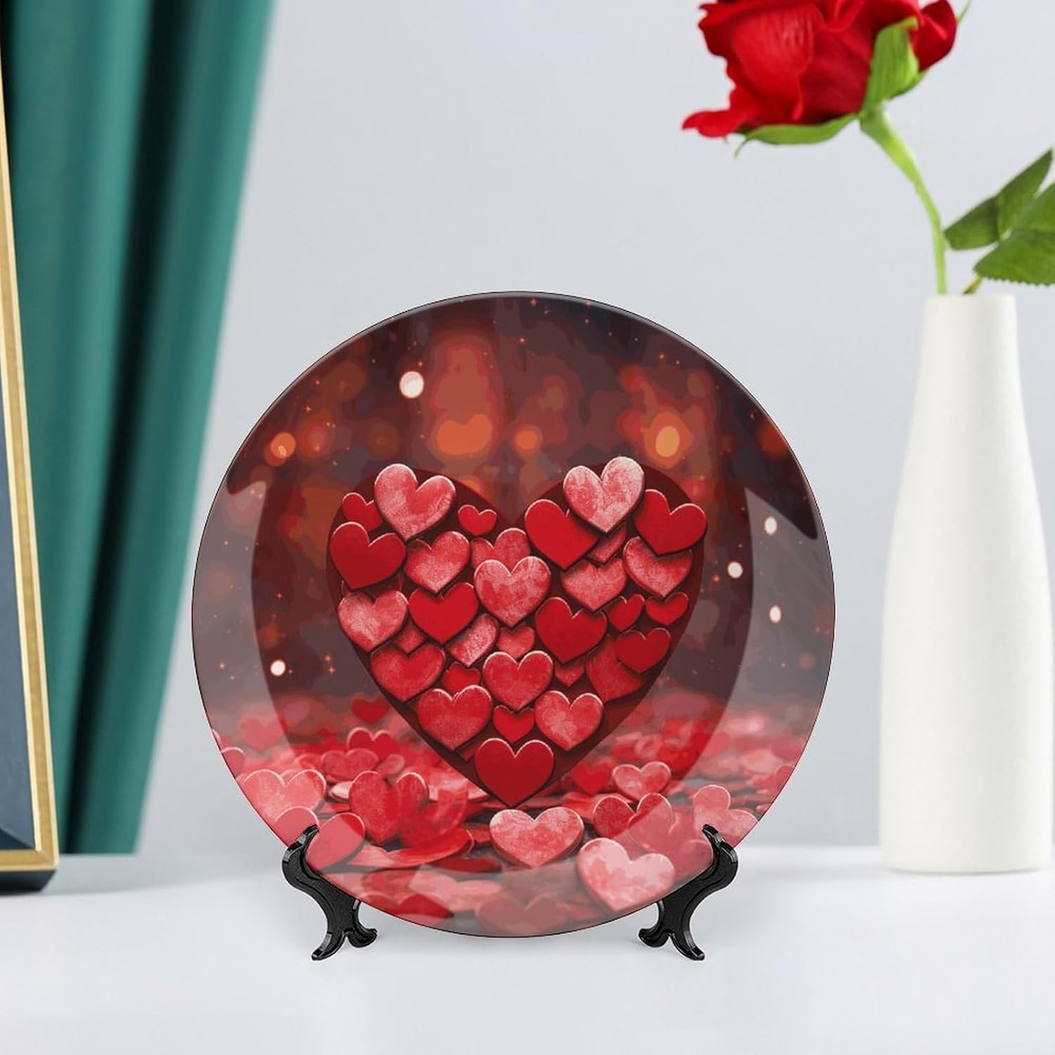 Hearts Love Bone China Decorative Plate with Display Stand, Ceramic Ornaments Plate for Wall Hanging, Personalized Porcelain Plates for Office, Living Room 8inch