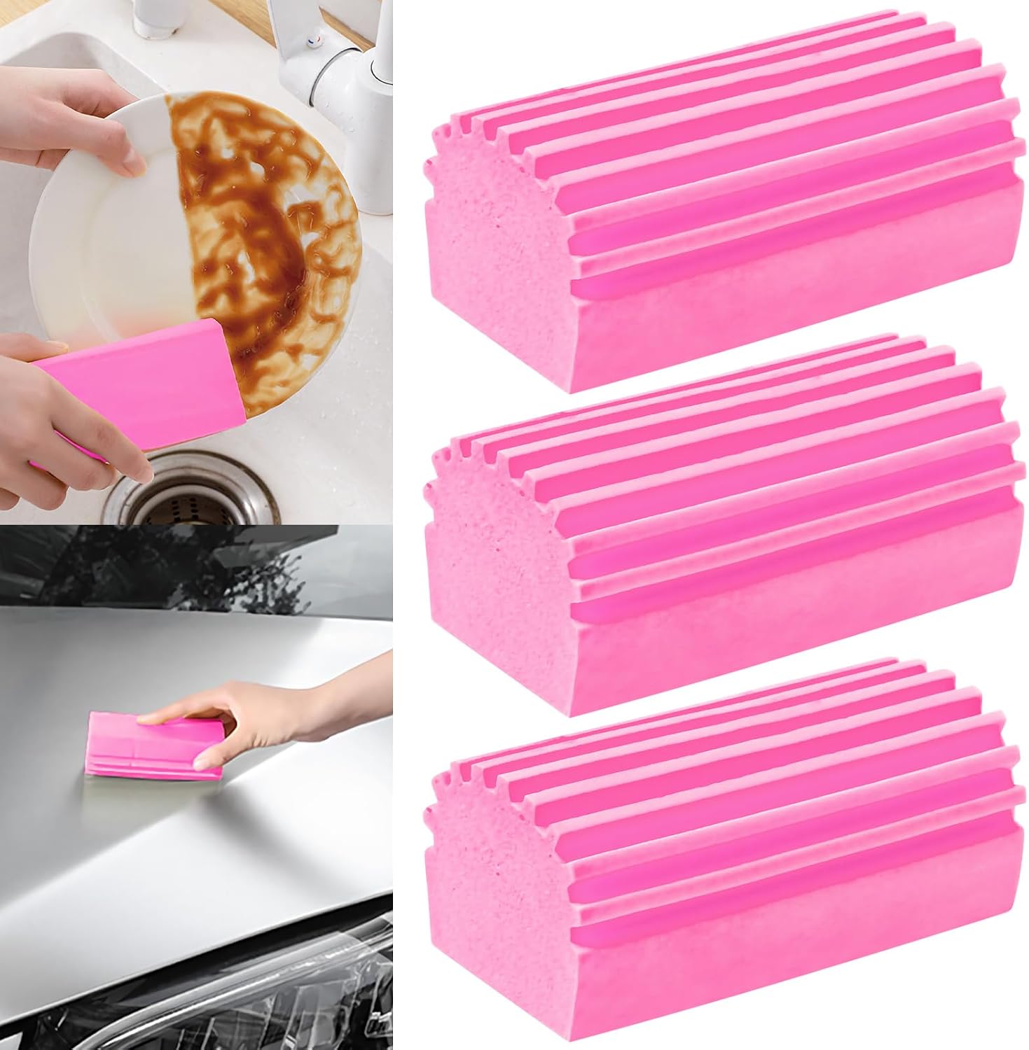 6 Pack Damp Clean Duster Sponge,PVA Magic Sponge Eraser for Housekeeping,Reusable Cleaning Sponge for Blinds, Dish,Mirrors,Glass, Baseboards,Window Track Grooves and Car (Pink)