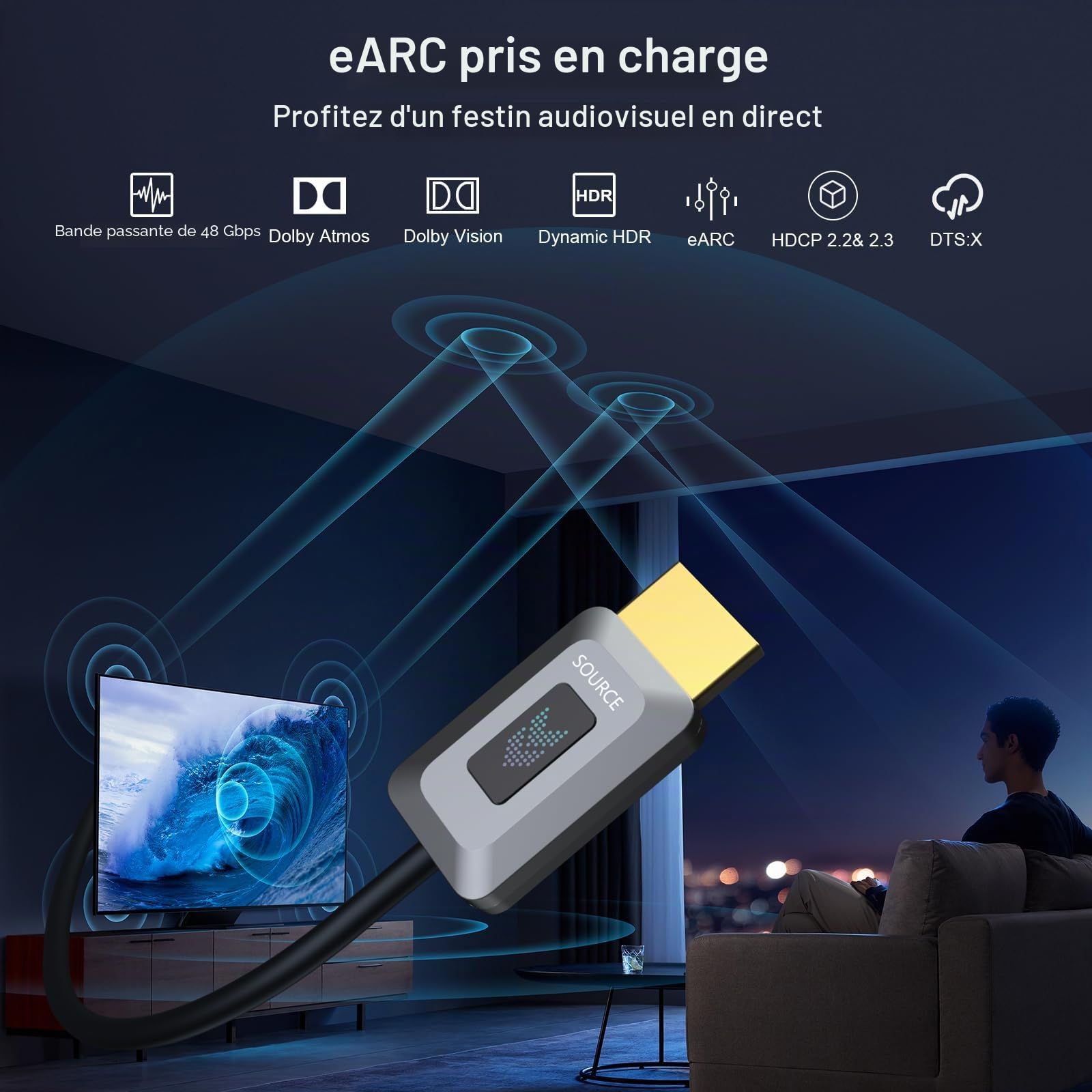 GeoHN.G Câble à fibre optique HDMI 8K 20 M, câble HDMI 2.1 haute vitesse certifié 48 Gbit/s, prend en charge 8K à 60 Hz, 4K à 120 Hz/144 Hz eARC Dolby HDCP 2.2 et 2.3 HDR10 RTX 3080, compatible avec