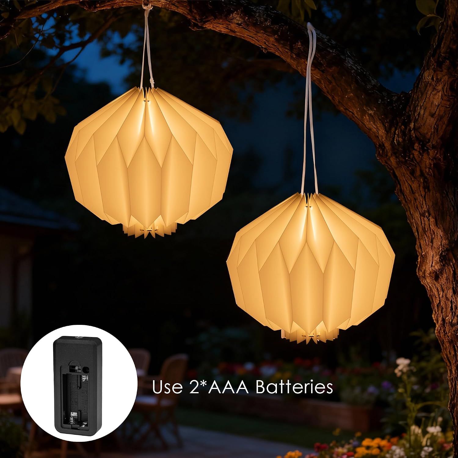 Battery Operated Outdoor Paper Lantern — 2Pack Waterproof Hanging Decorative Light with Remote Timer, Foldable Pendant Paper Lantern for Patio Garden Backyard, Porch Decor