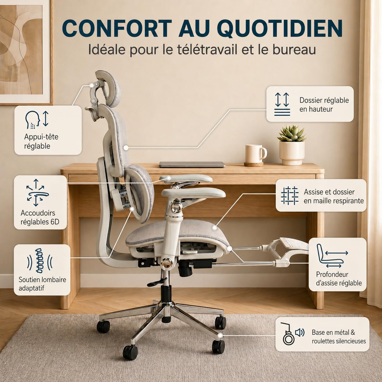 Silla de oficina ergonómica, cómoda/ajustable, reposapiés, reposabrazos 6D, reposacabezas 2D, silla de oficina con doble soporte lumbar, ruedas silenciosas, respaldo reclinable