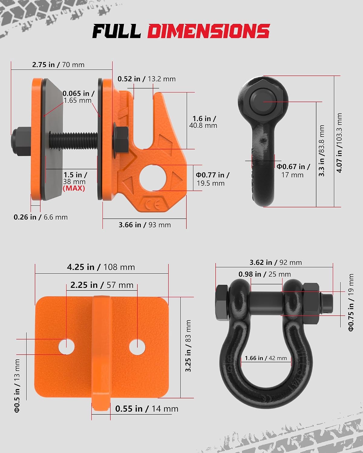 Tractor Bucket Grab Hook with 5/8" D-Ring Shackle Combo, Bolt-On Tow Hook and D-ring Shackle, Matching Backing Plate, Rubber Gaskets & Isolators, 20000LBS Breaking Strength, 2 Set, Orange&Black