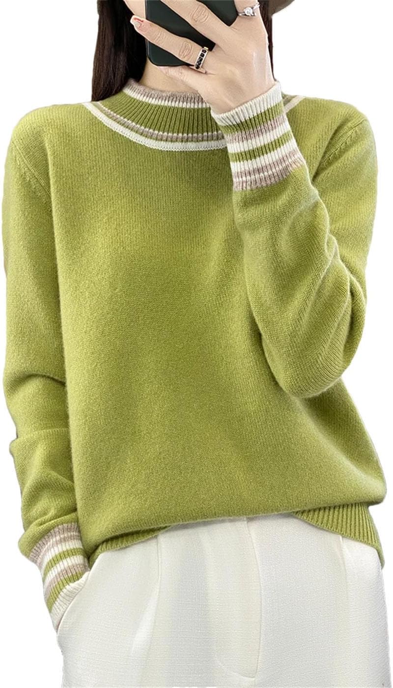 Women's 100% Wool Sweater Striped Half High Collar Basic Long Sleeve Tops Winter Soft Warm Knit Pullover