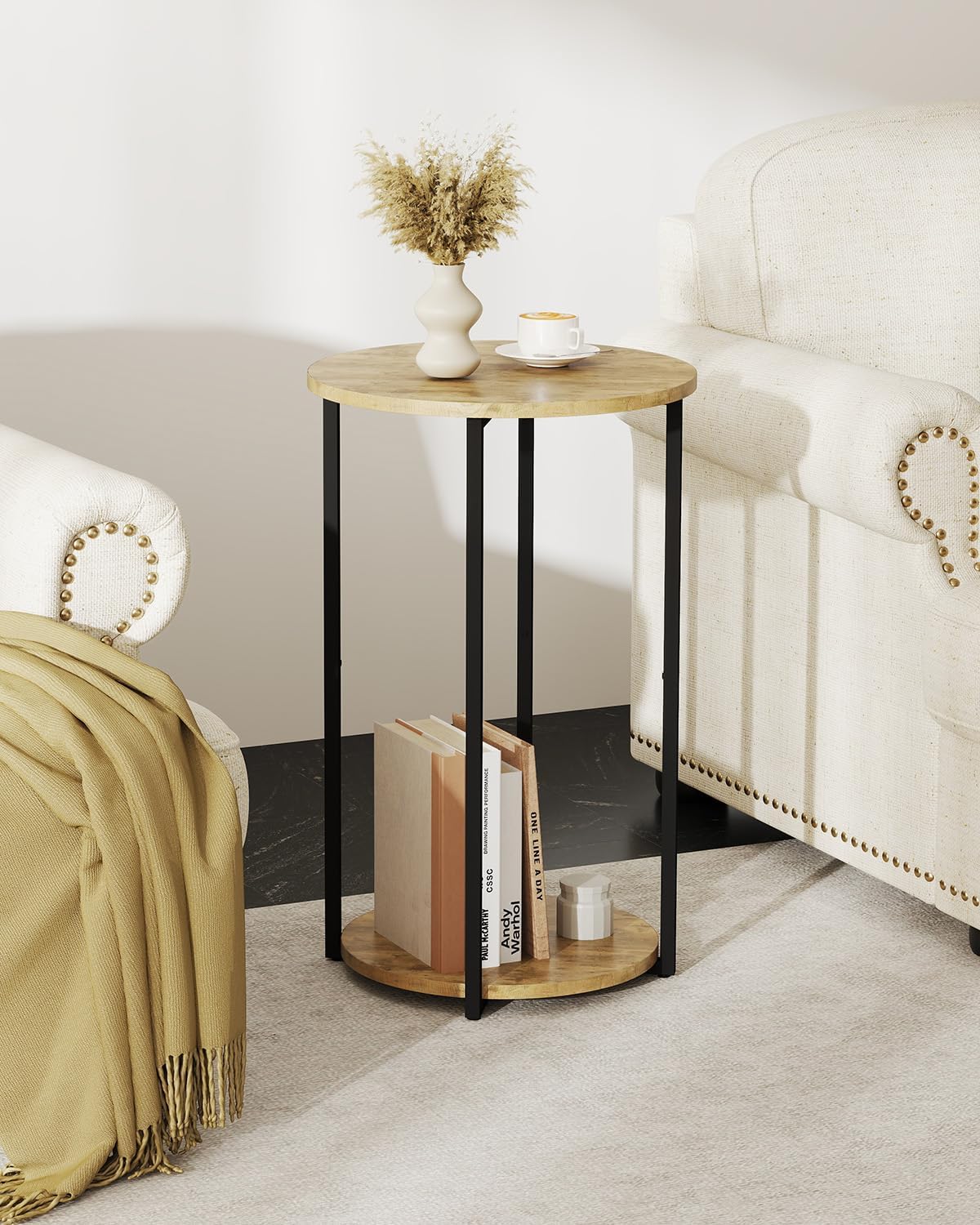 Round Side Table, Small End Table with Storage Shelf, Circle Table for Living Room, Bedroom and Small Spaces, Metal Frame, Greige