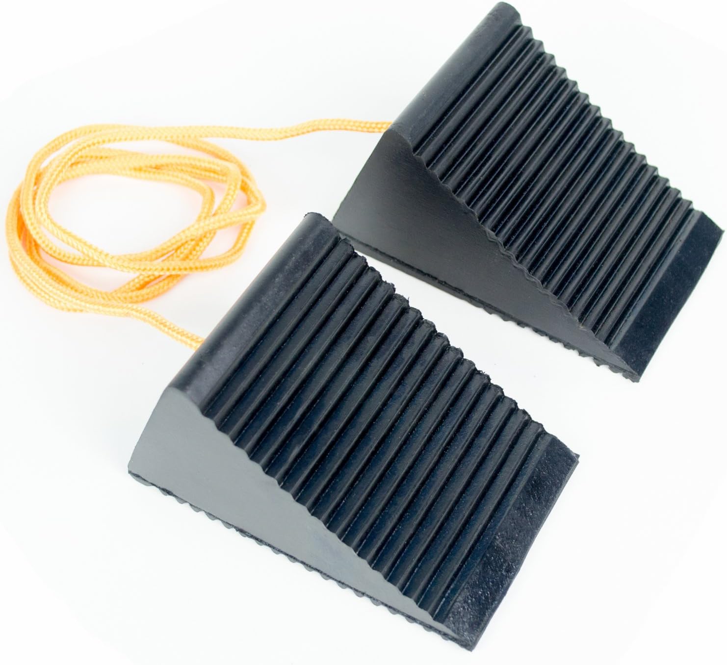 BUNKERWALL Pack of 2 (One Pair) Wheel Chock Blocks On 4 Foot Rope - Small - Heavy Duty Black Rubber 5" x 3" x 2.5"
