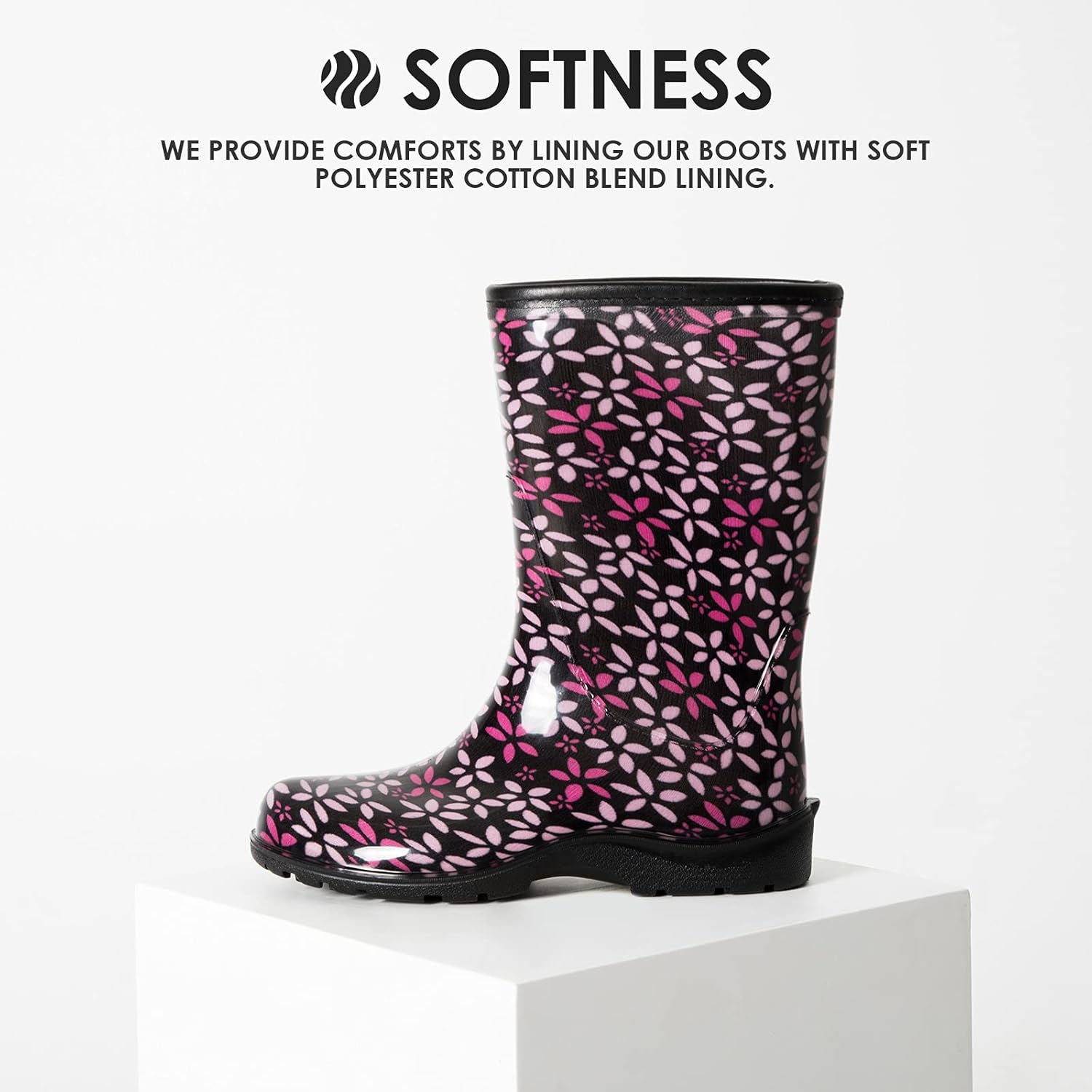 K KomForme Women's Waterproof Rain Boots with Colorful Printed，Ladies Mid Calf Solid Shoes with Comfort Insole for Garden