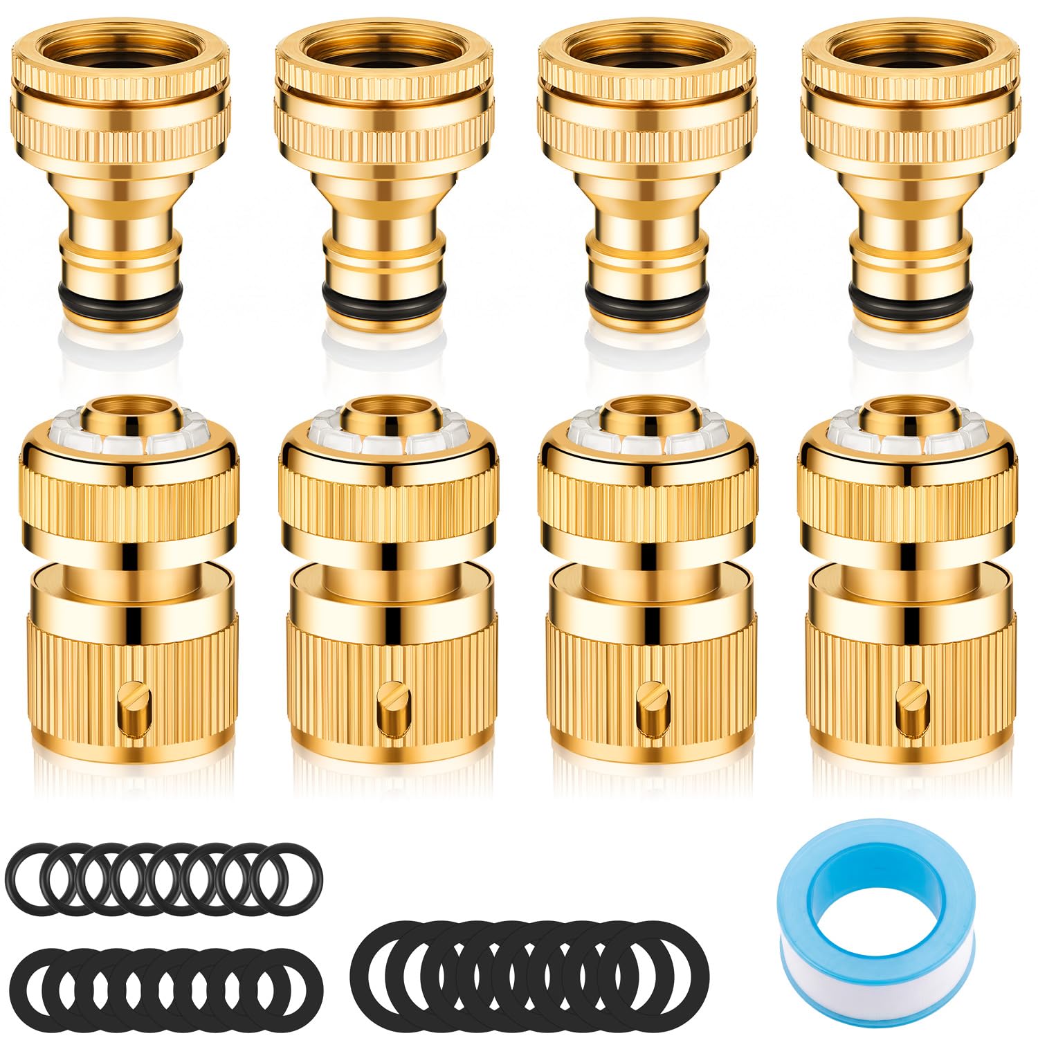 Sinmoe 8 Pieces Brass Hose Tap Connector 1/2 Inch and 3/4 Inch 2-in-1 Garden Quick Connector Fittings with 24 Pieces Rubber Washers 1 Volume Plumber Tape for Outdoor Garden Kitchen Pipe Tub