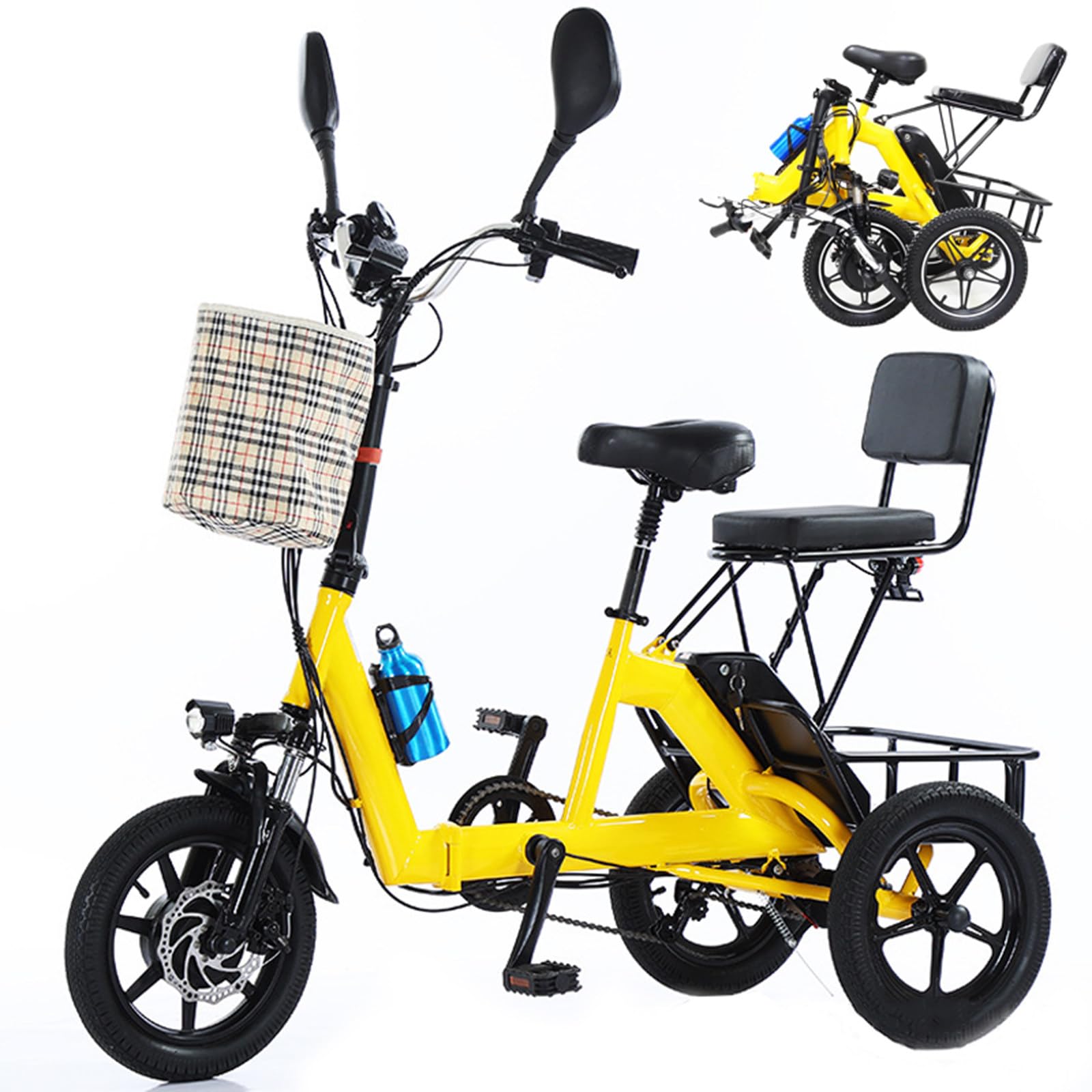HpLNDas Folding Electric Power Tricycle for Adults, 14 Inch Three Wheel Electric Trike With Passenger Seat/Big Basket, Foldable Bicycle, 48V 10.AH Lithium Battery, Range: 45KM, Max Load: 180KG Yellow