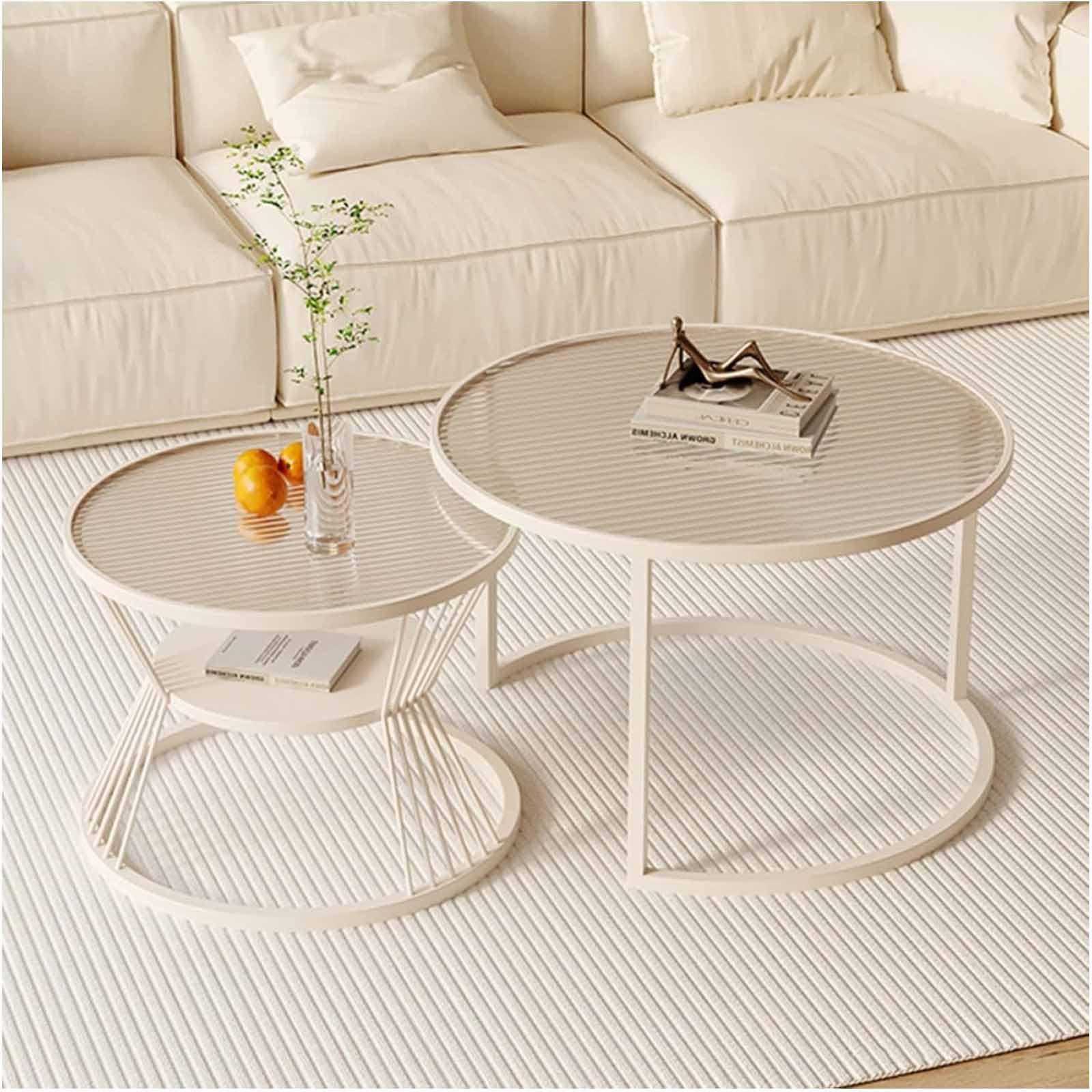 SXZenSpace Nesting Coffee Table Set of 2, 23.62" Round Glass End Side Tables with Storage Open Shelf for Living Room Bedroom Balcony Yard,White