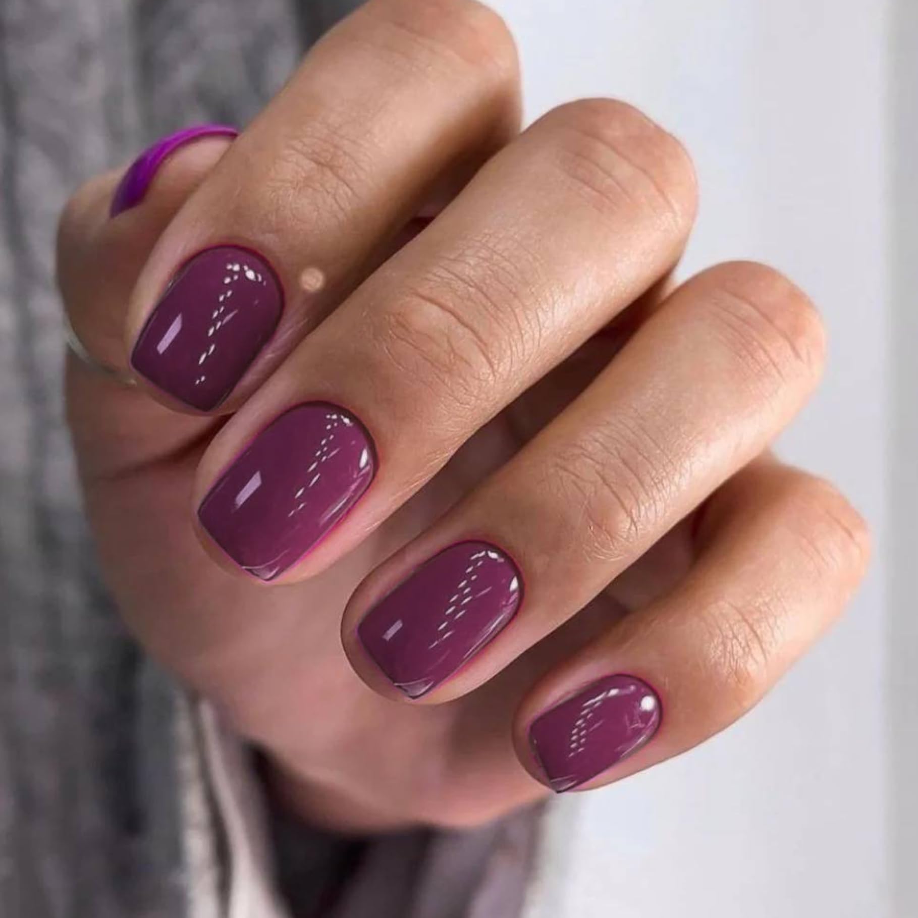 SXVME Plum Press on Nails Short Square Acrylic Short False Nails Coffin Natural Acrylic Fake Nails Set Elegant Solid Color Full Cover Glossy Gel Stick on Nail for Women Daily Wear 24 Pcs - Image 3