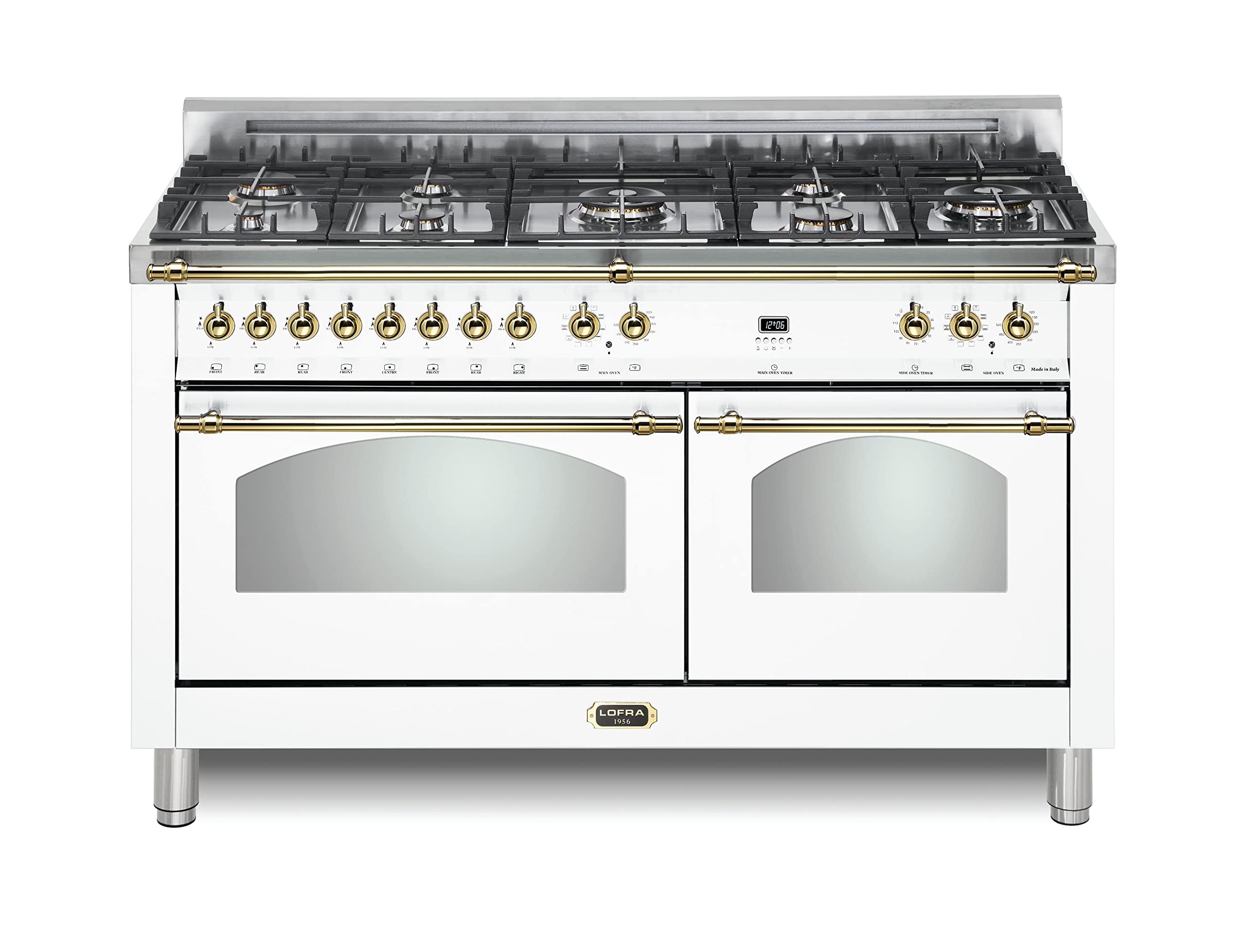 Lofra DolceVita Series 60 Inch Range Freestanding Dual Fuel Double Oven Stove, Cooktop 8 Sealed Brass Burners, Convection, 9 Cooking Modes, Knobs and Handrail In Brass, in White