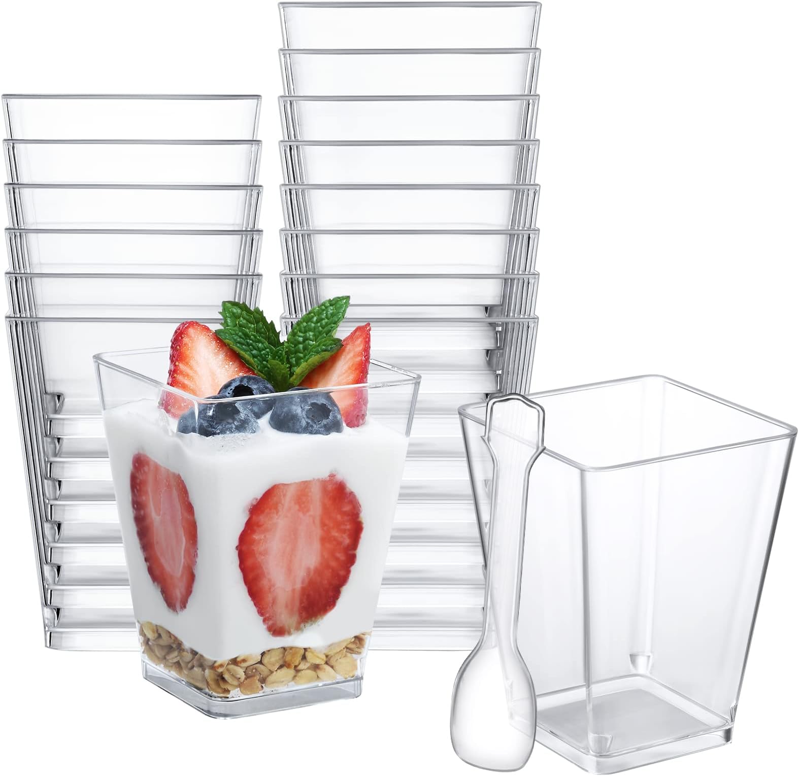 SHOPDAY 5 oz Plastic Dessert Cups 100 Pack Small Clear Square Parfait Cups with Spoons, Mini Plastic Tumbler Serving Cups for Tasting Party Appetizers Mousse Yogurt