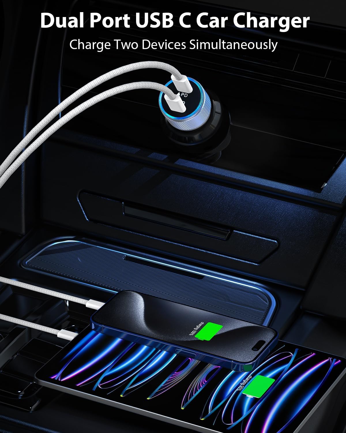 Cargador de coche para iPhone 16, adaptador de cargador rápido USB C para coche, 2 unidades, doble puerto USB C, cargador rápido de coche con cable de carga trenzado USB C a C de 6 pies de largo,
