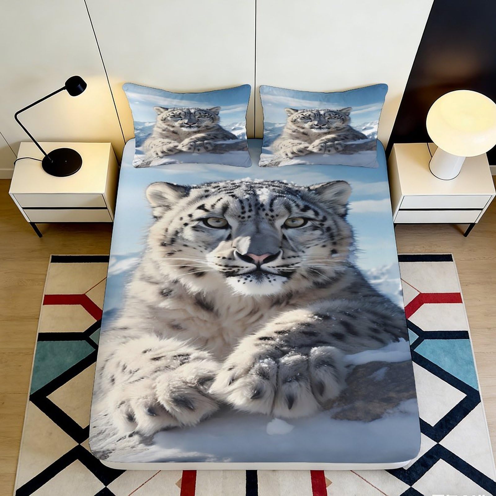 3D Printed Snow Leopard Fitted Sheet Microfiber Deep Pocket Non-Slip Bedroom Snow Leopard Mattress Fitted Cover Washable 160x200x25cm