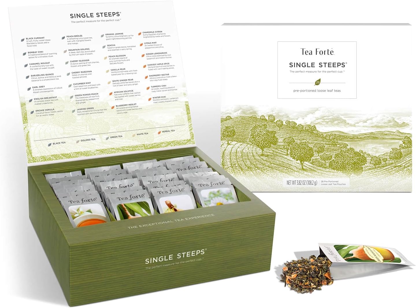 Tea Forté SINGLE STEEPS Loose Tea Sampler, Assorted Variety TEA CHEST Gift Set, 28 Different Single Serve Pouches - Black, Green, White, Herbal Tea
