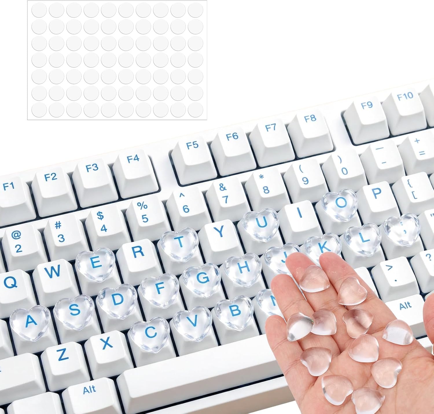70pcs Keyboard Bubbles for Long Nails, Raised Glass Heart Shaped Keyboard Stickers Cute Key Covers Accessories Supplies for External & Desktop Keyboards Calculator