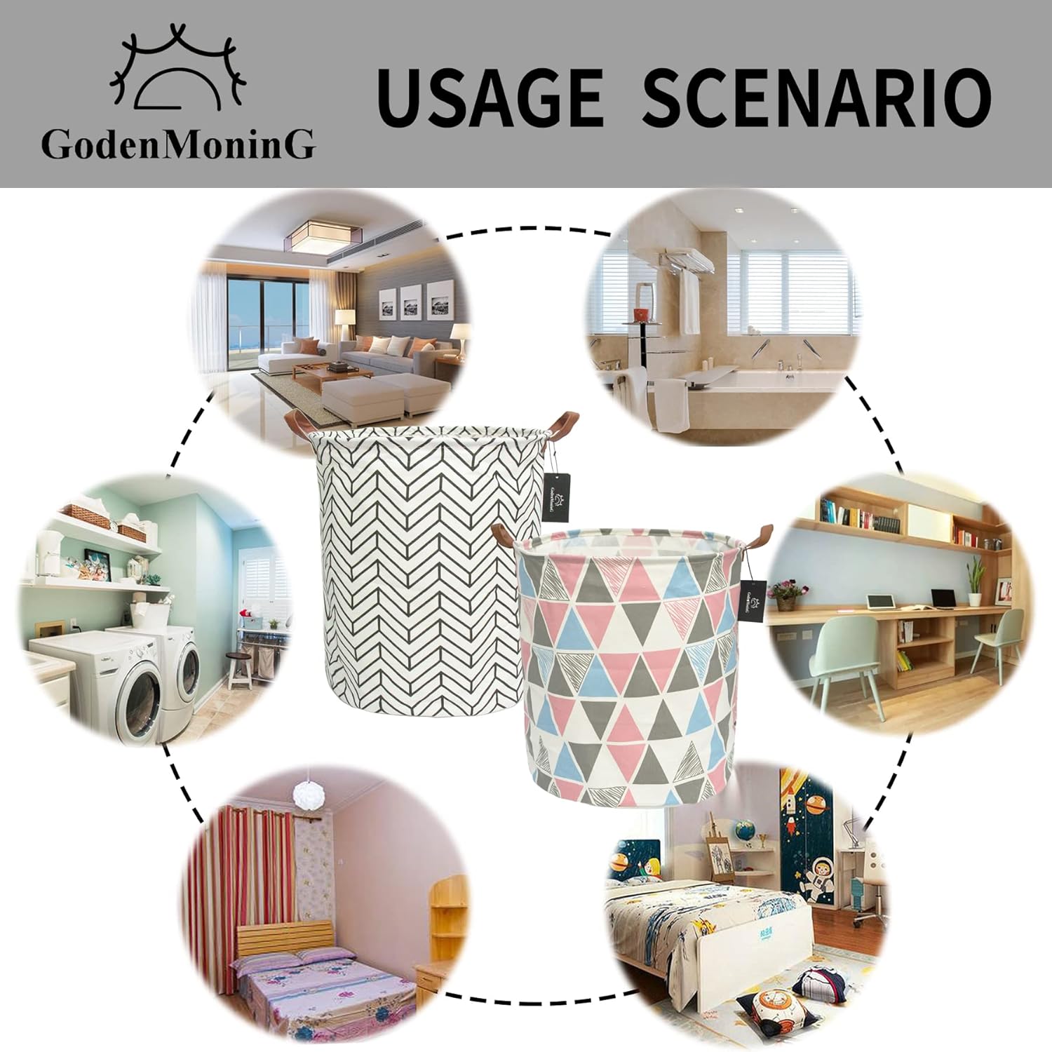 Collapsible Laundry Basket - GodenMoninG 62.8L Large Sized Round Waterproof Storage Bin with Leather Handles,Home Decor,Toy Organizer,Children Nursery Hamper.（2 PACKS，Colorful Triangle & Flow Mark）