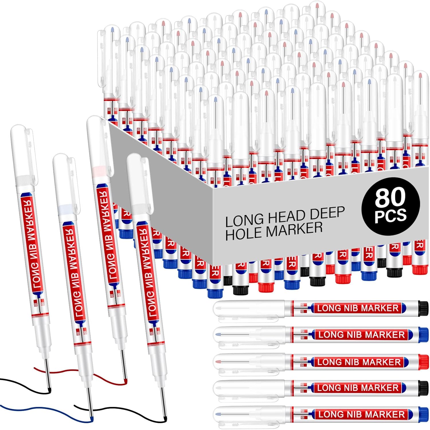 80 Pcs Multi-purpose Deep Hole Marker Pens Long Head Drill Deep Nib Marker Waterproof Mechanical Carpentry Pen for Woodworking Machinist Bathroom Construction Hardware Decoration (Black)