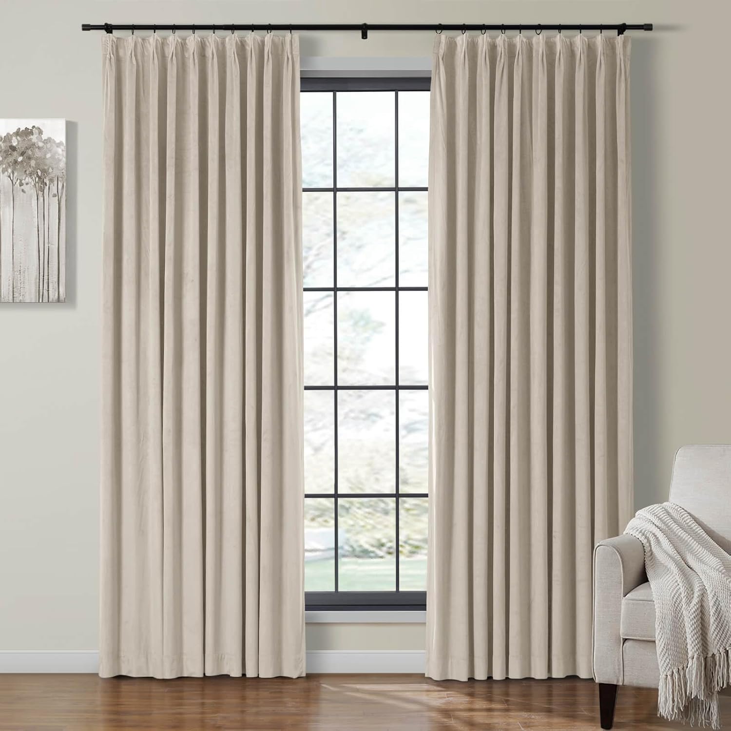 Drapifytex Extra Wide 150 Inches Theater Curtain, Solid Color Velvet 96 Inches Long Drapery, Thermal Insulated Blackout Pinch Pleat Curtain for Sliding Glass Door (Cashmere,1 Panel)