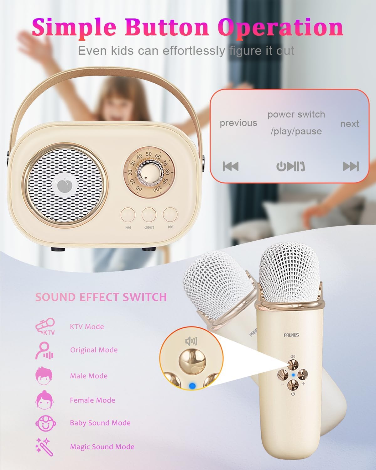 Diagram showing simple button operations for the speaker and microphone, including sound effect options.