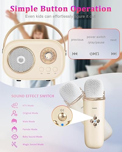 Miniatura 4 de PRUNUS Mini máquina de karaoke para niños y adultos, altavoz Bluetooth portátil con 2 micrófonos inalámbricos y graves mejorados con sonido estéreo,