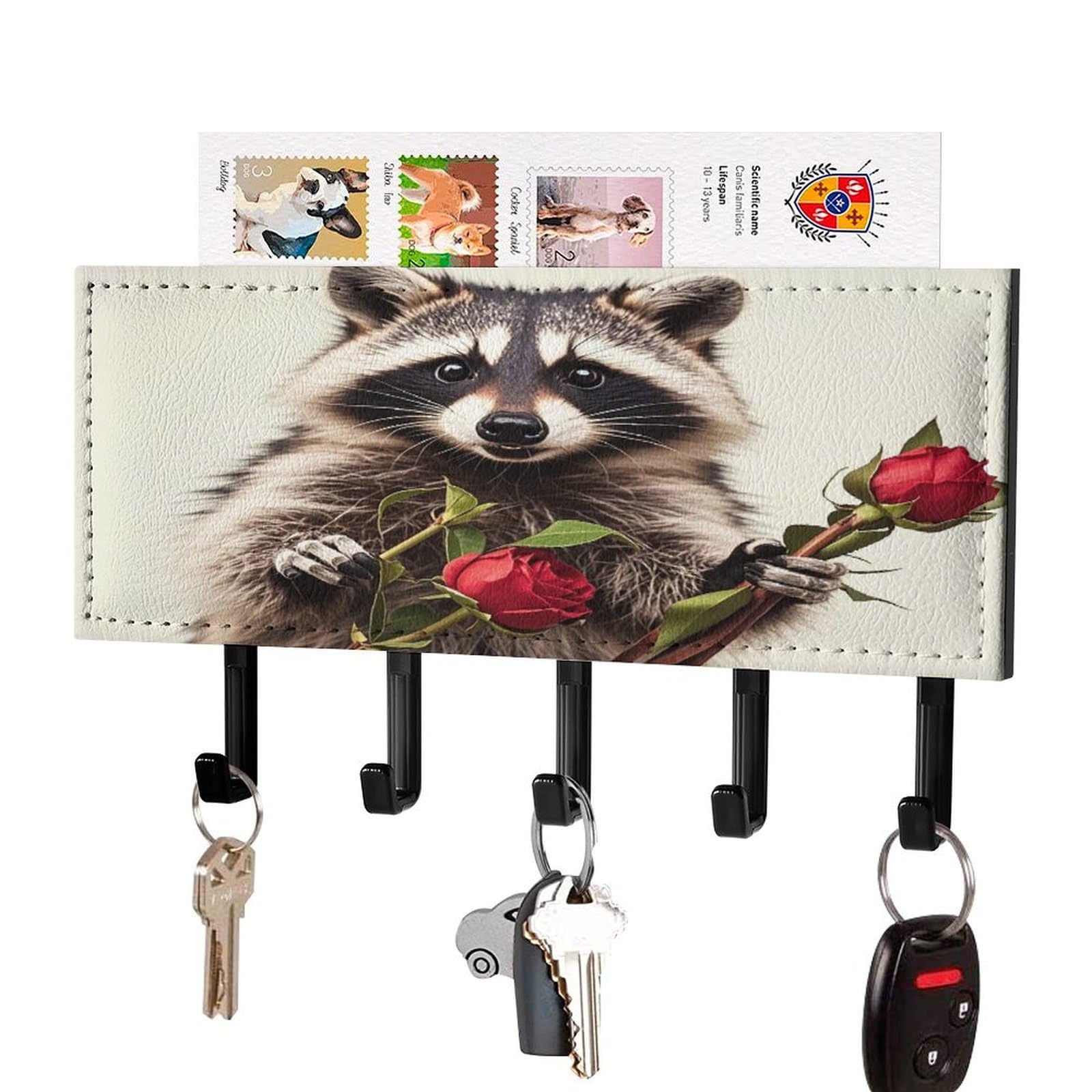 FekiLoot Funny Raccoon Key Holder Wall Mount Key Hanger with 5 Hooks Decorative Key Rack Hanging Key Hooks with Mail Organizer Key Holder for Wall Living Room Kitchen Bathroom Hallway Black