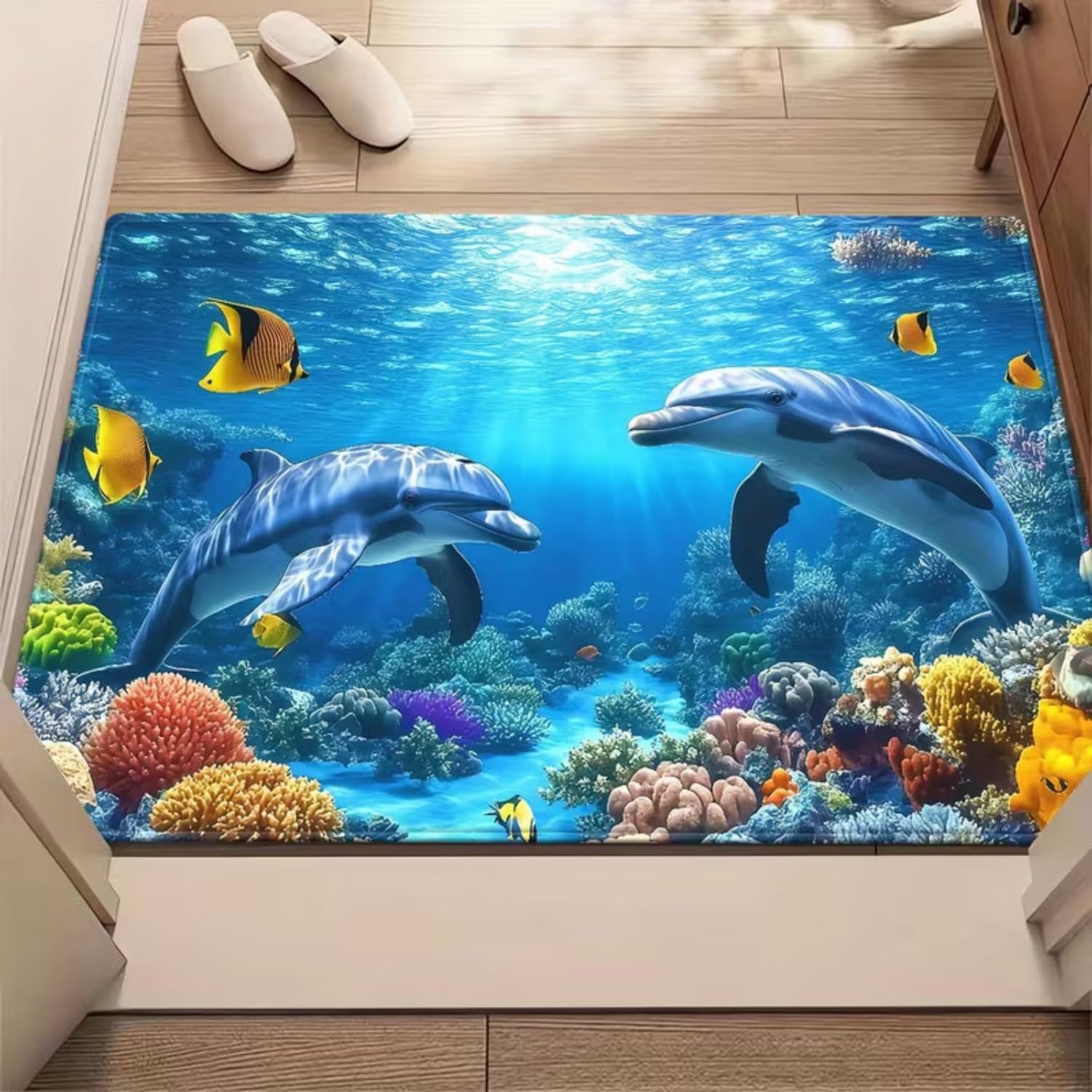 3D Delfine Teppich Buntes Korallenriff, Helle Ozean Unterwasserwelt, rutschfest & Pflegeleicht, Dekorativer Wohnzimmerteppich, Schlafzimmerteppich Blau - 70x140cm