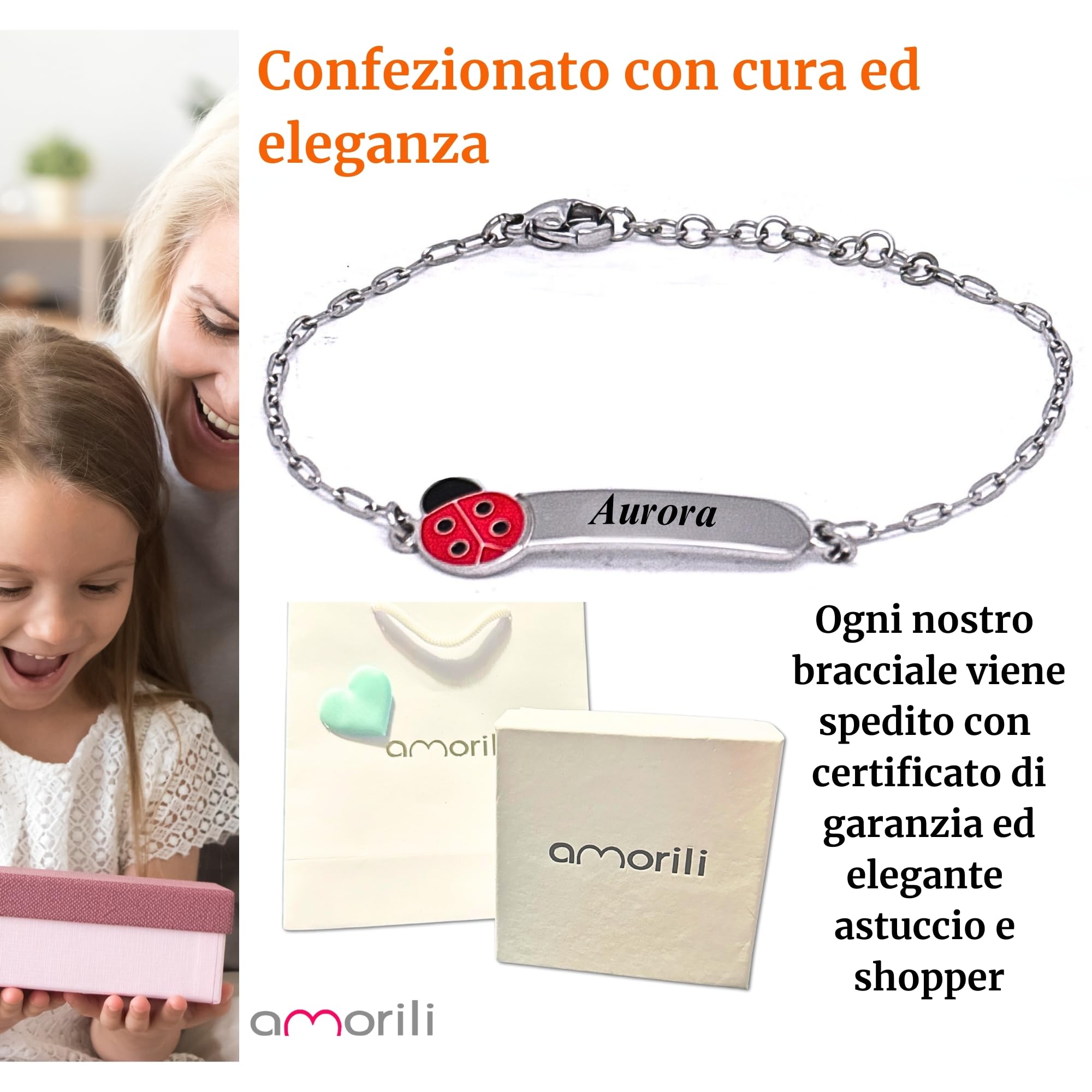 amorili Bracciale Bambina Personalizzato con Nome – Coccinella Portafortuna – Acciaio Inox Anallergico – Idea Regalo Bimba Battesimo Compleanno – Made in Italy bcc3109