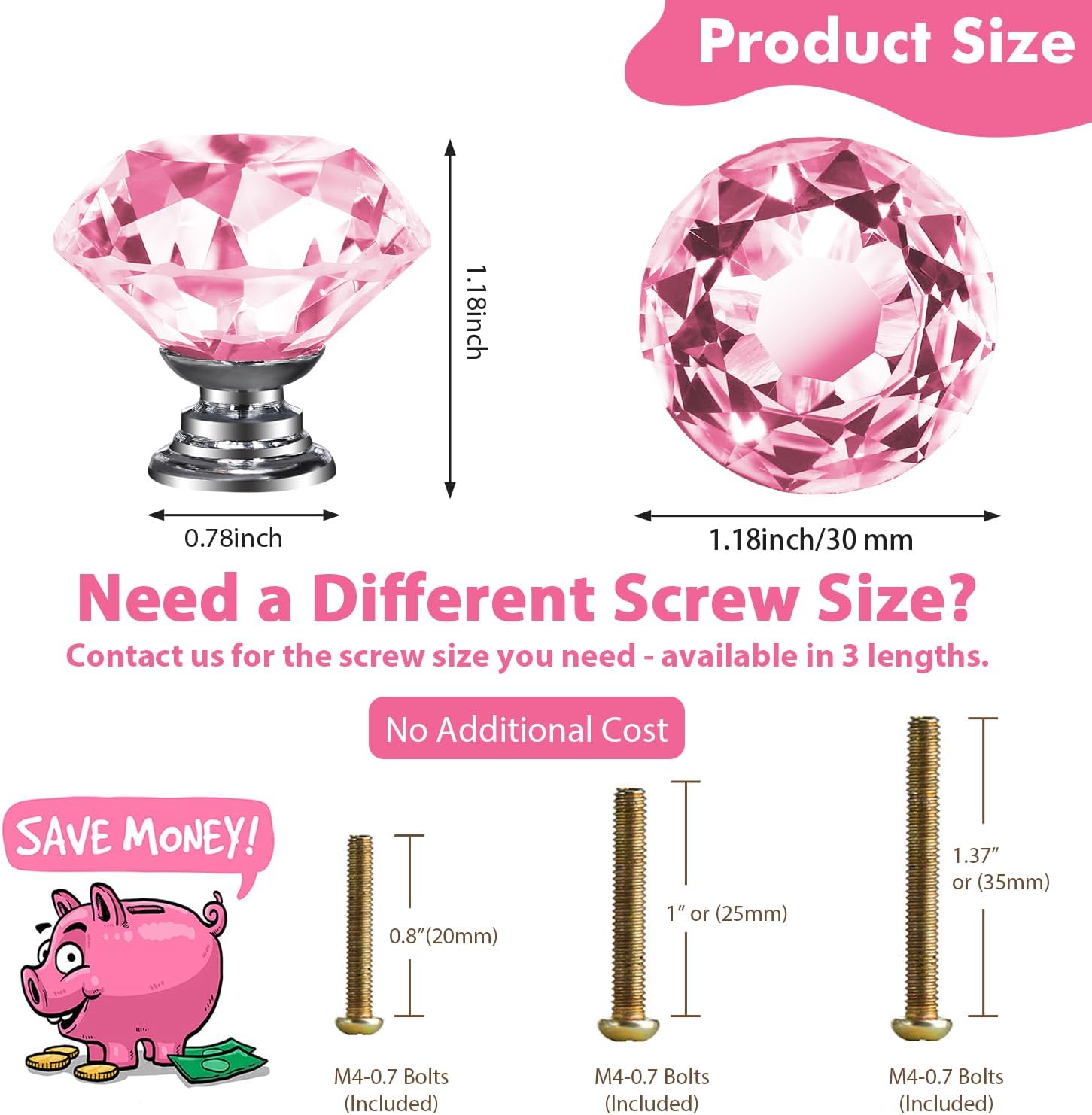 DEELF 25 Packs Kitchen Cabinet Knobs, 30 mm Crystal Cabinet Knobs, Diamond Dresser Handle Drawer Pulls, Dresser Knobs for Cabinets and Drawers, Pink