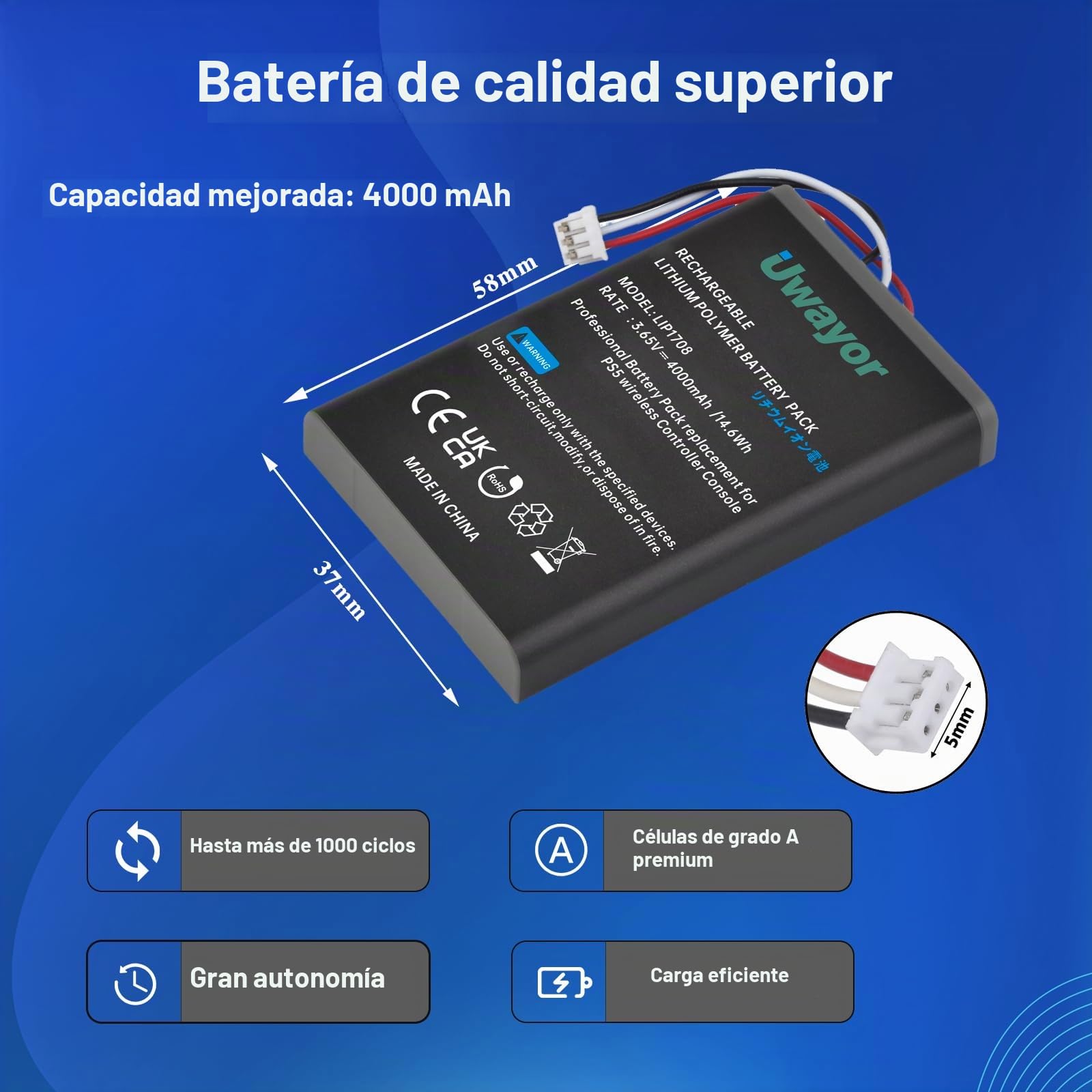 2 baterías de 4000 mAh para mando PS5, LIP1708, repuesto para Sony PlayStation 5 DualSense CFI-ZCT1W Wireless Control