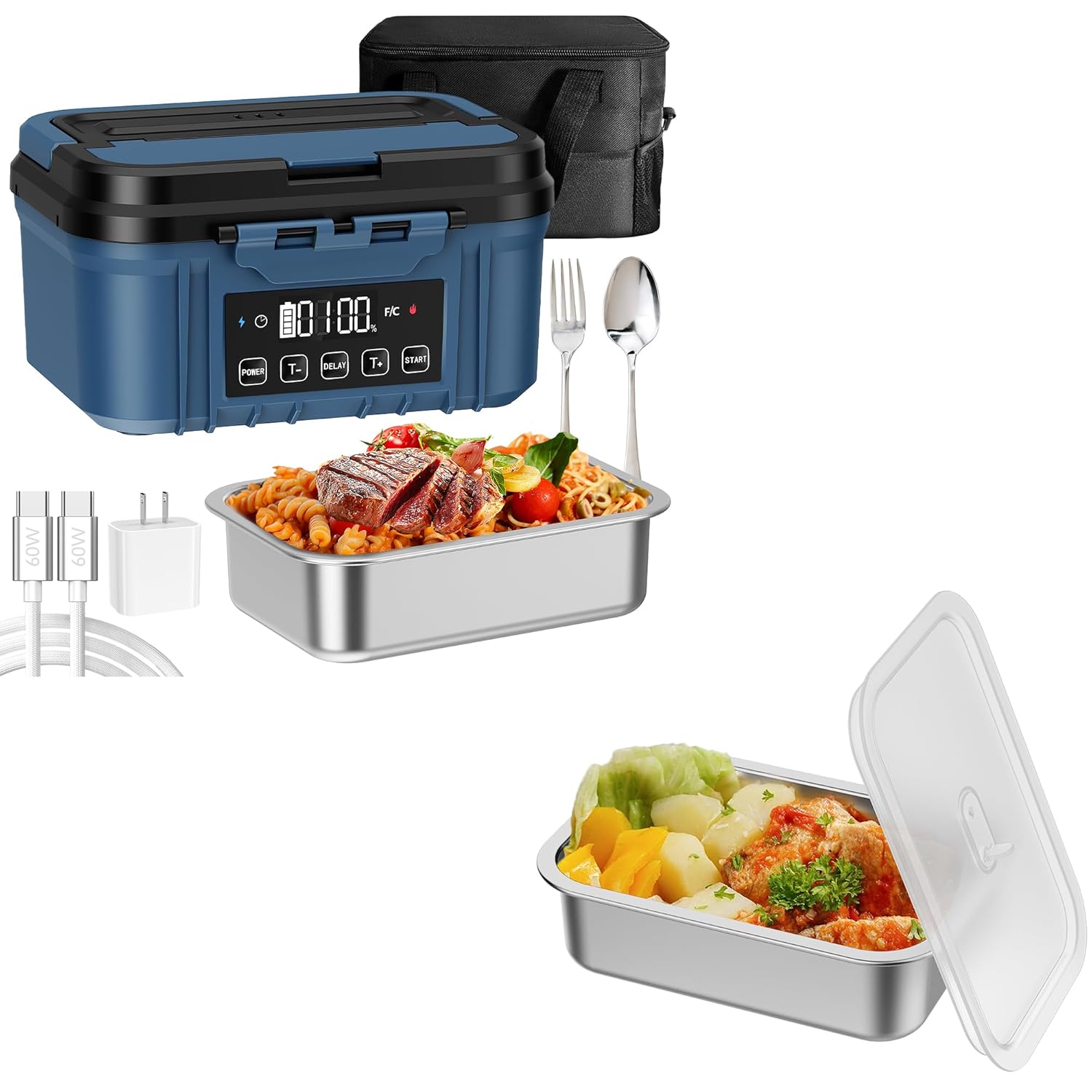 Cordless Electric Lunch Box for Adults Battery-Powered Heated Lunch Box with 1 2L Stainless Steel Container Timer Function