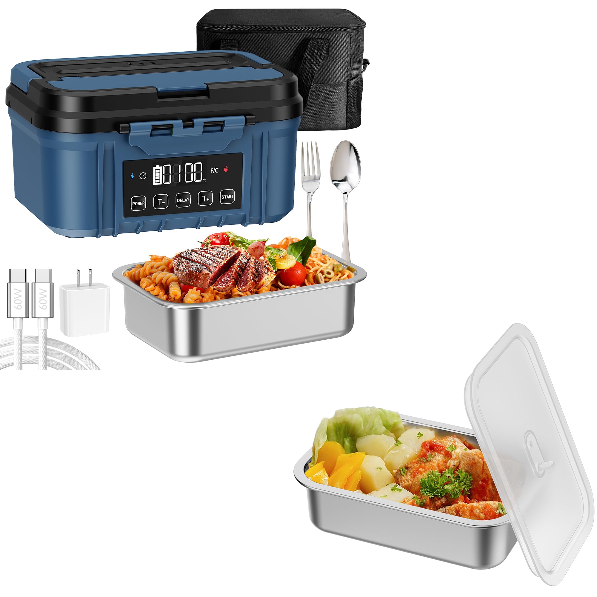 Cordless Electric Lunch Box for Adults Battery-Powered Heated Lunch Box with 1 2L Stainless Steel Container Timer Function