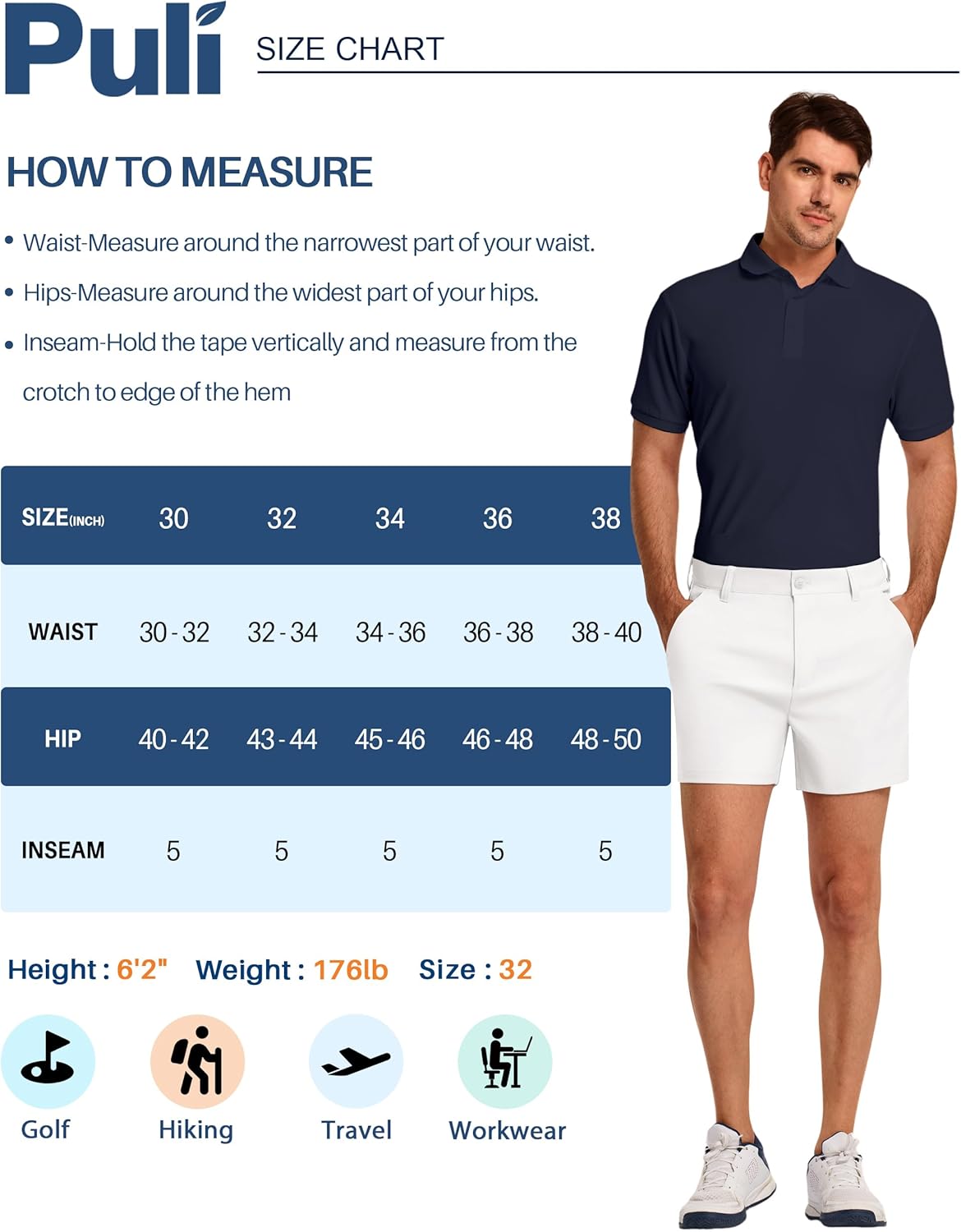 PULI Golf Shorts Men 5 Inch Inseam Relaxed Fit Stretch Dress Lightweight Casual Travel Quick Dry Summer Shorts