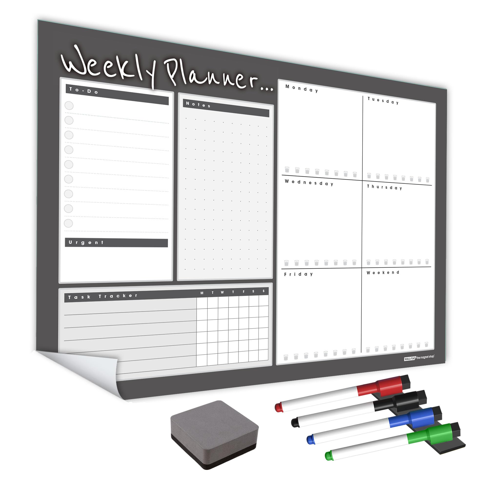 WallTAC A2 Weekly Planner Whiteboard Sticker for Wall | Made in the UK | Easy-to-Remove Dry Wipe Calendar with Reusable Adhesive | Family Meal Planner or to Do List for Home and Office [42 x 60cm]