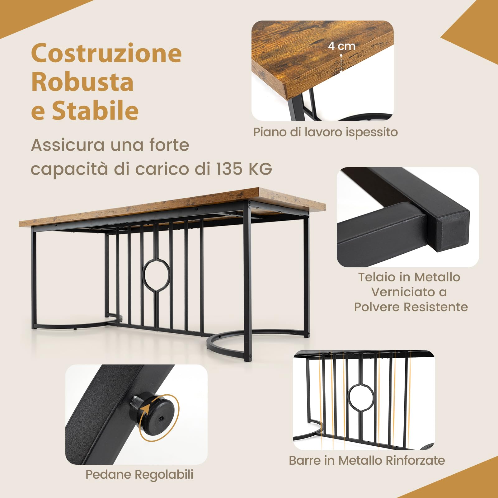 COSTWAY Tavolo da Pranzo 180 x 79 x 75 cm per 6-8 Persona, Tavolo Cucina Rettangolare in Legno con Struttura in Metallo, Mobile moderno per Sala da Pranzo e Ufficio, Capacità di Carico 135kg